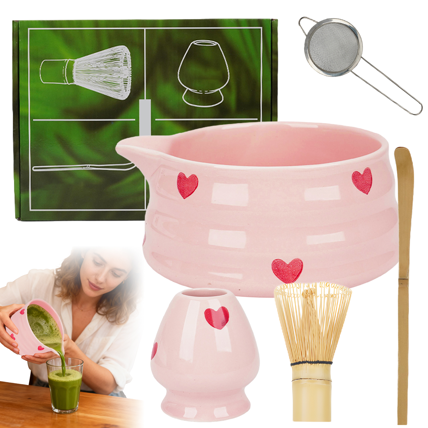 Levně Bambusová Sada Na Výrobu Matchy, Porcelánová Miska, Ocelové Sítko