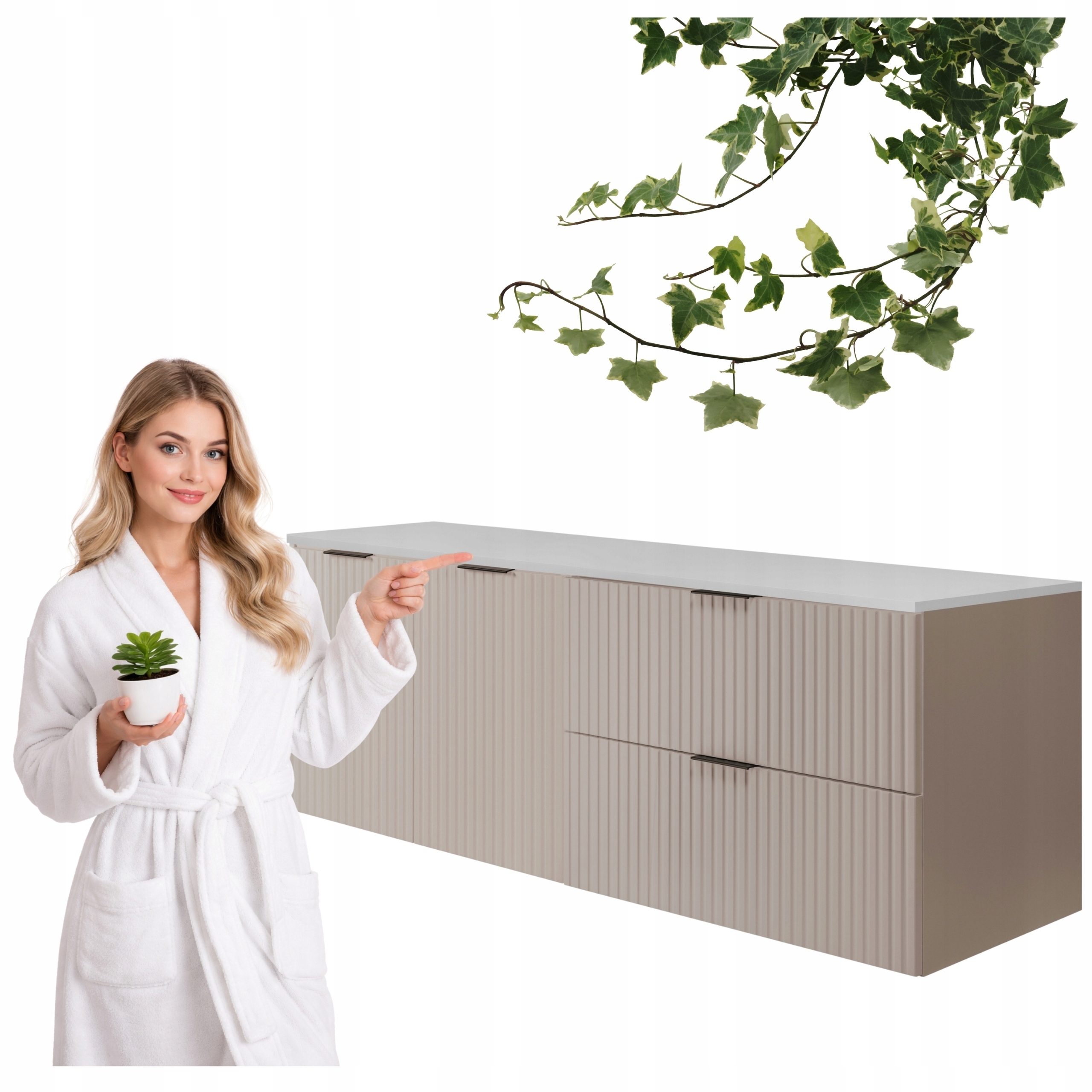 Szafka Łazienkowa Wisząca Szuflady Drzwi Kaszmir 140x46 CM Z Białym Blatem