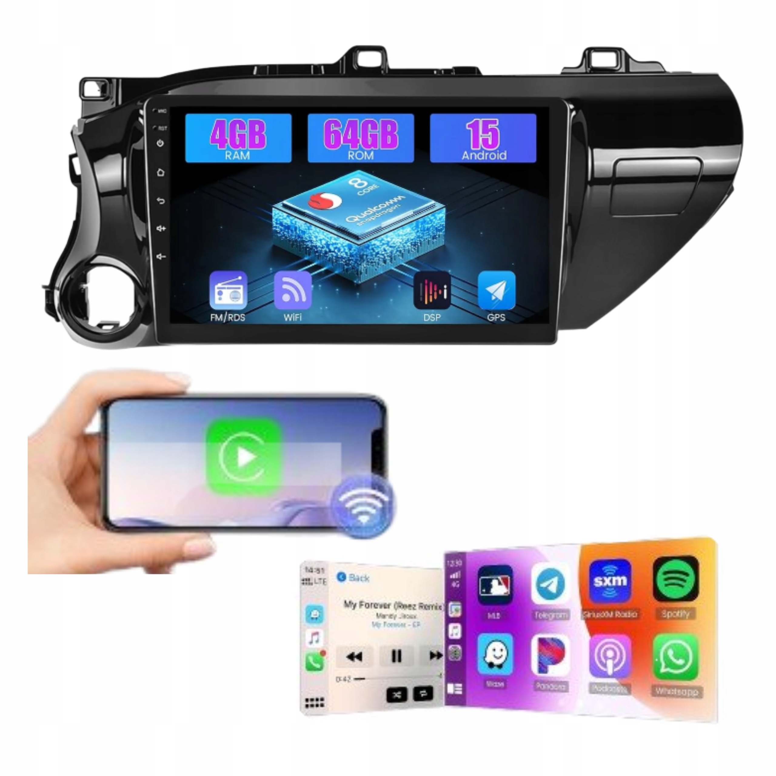 Rádio Toyota Hilux Android 15 AN120 2015-2020 8 Core 4+64G Carplay Dotyk