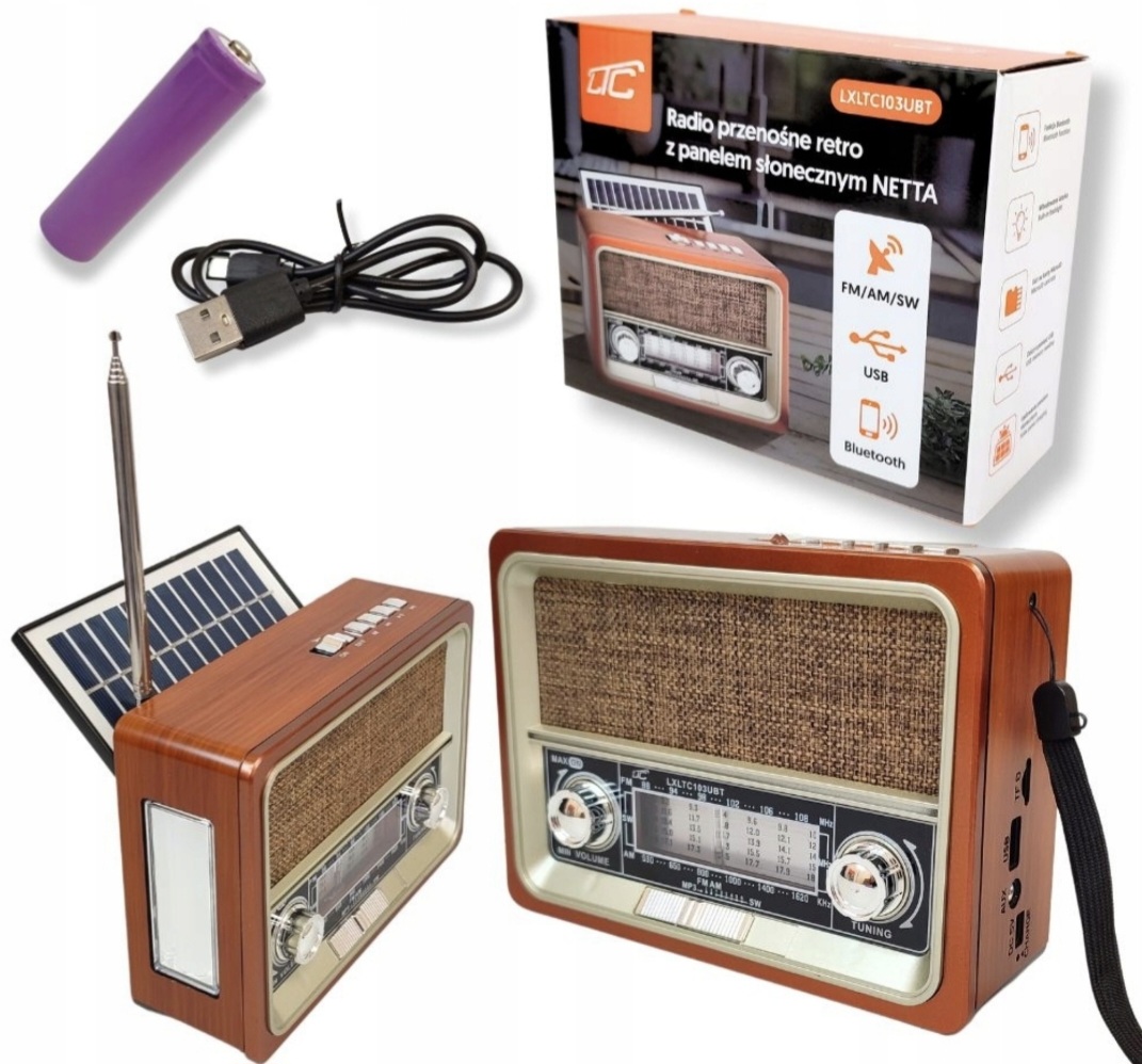 Radio przenośne Fm Ltc Netta retro bluetooth solar akum. 18650 (LTC103UBT)