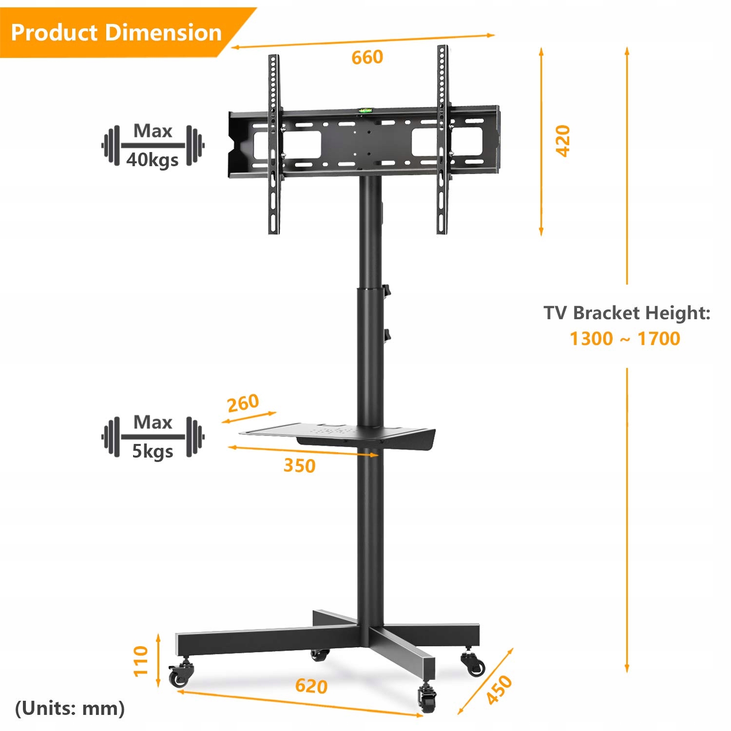 STOJAK POD TELEWIZOR MOBILNY 27-60" + PÓŁKA Model 131
