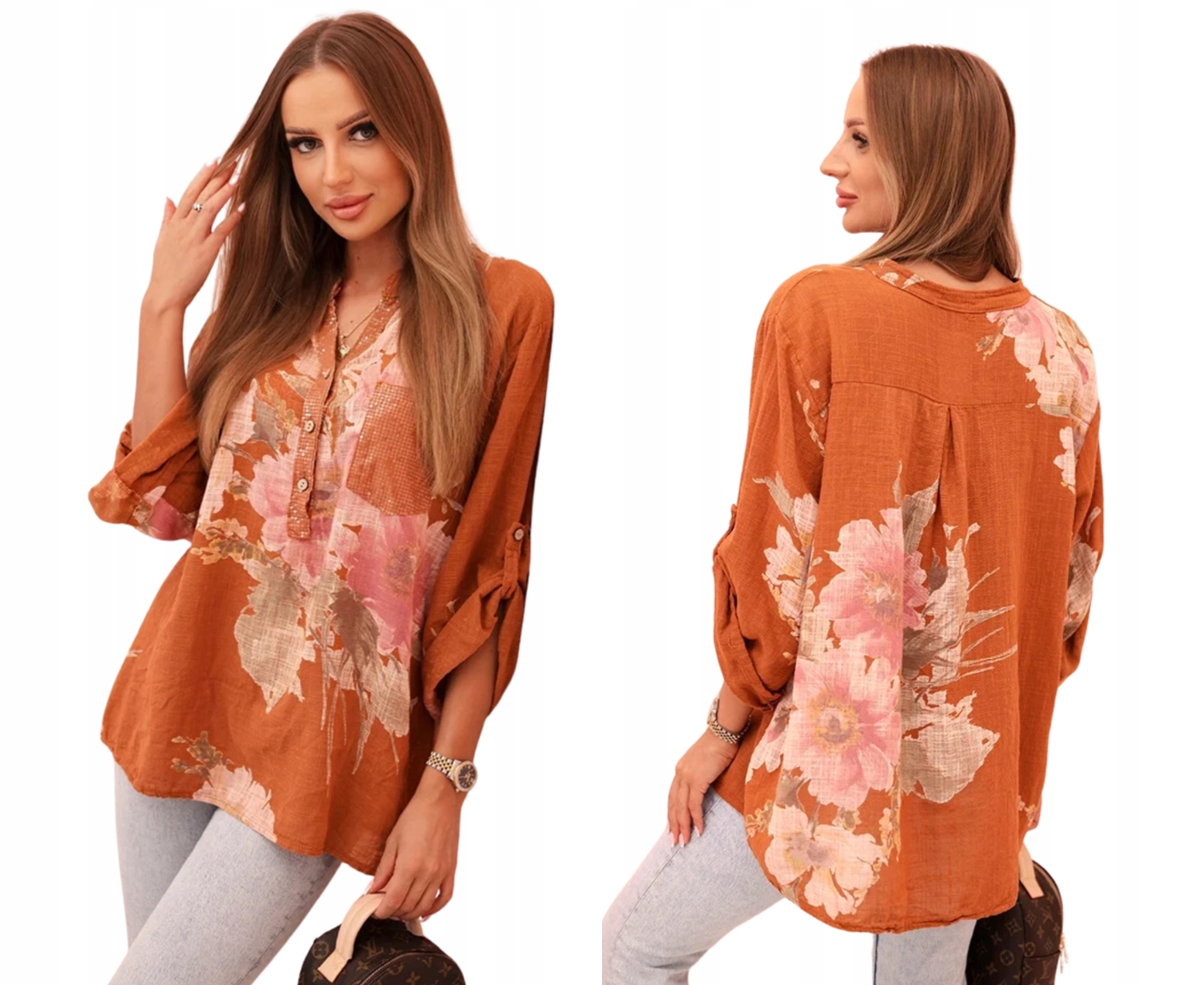 Ruda bluzka damska oversize z bawełny z kwiatowym nadrukiem