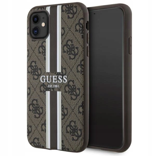 Pouzdro Guess 4G Printed Stripes MagSafe pro iPhone 11 Xr hnědé