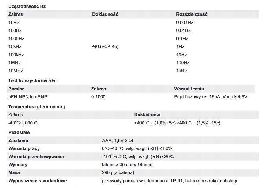 Multimetr VC99 TRMS LCD 6000max, Temp, hFE, Duty Typ ręczny