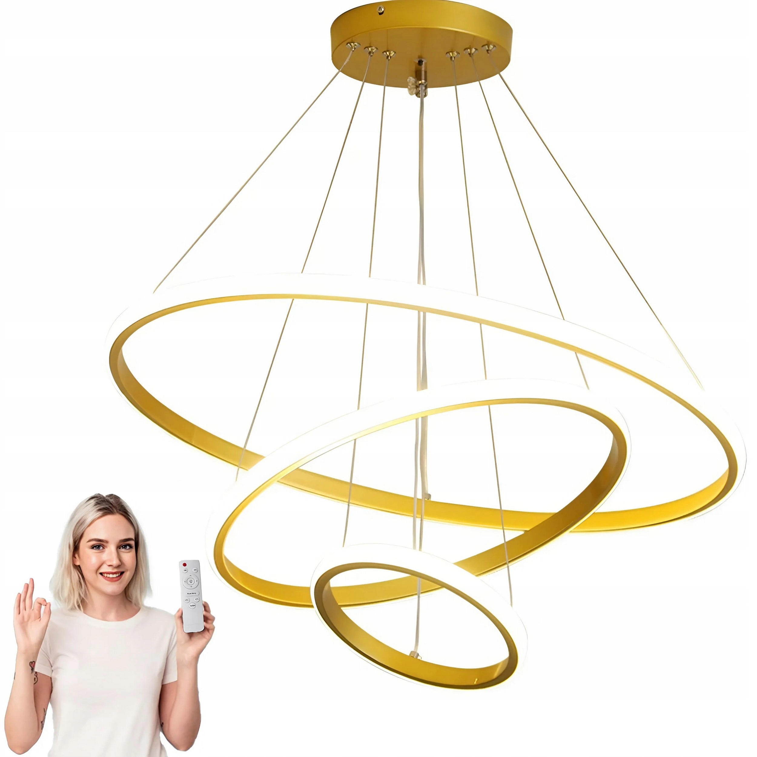 LAMPA SUFITOWA 3 LED RING WISZĄCA ŻYRANDOL KRĘGI + PILOT ZŁOTA PILOT 72W