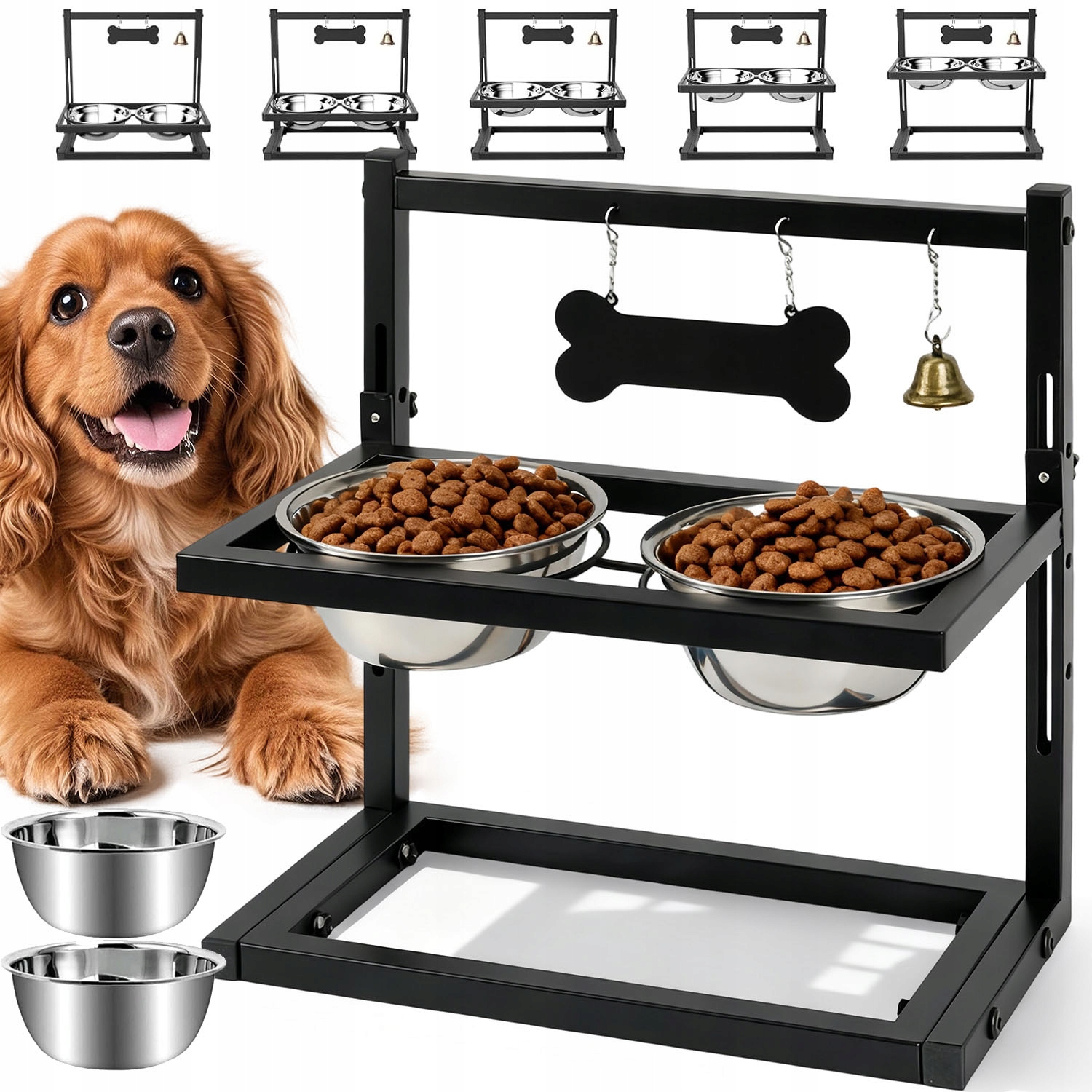 Levně 2X Miska Pro Psa S Nastavitelným Stojanem A Zvonkem A Jmenovkou, Černá
