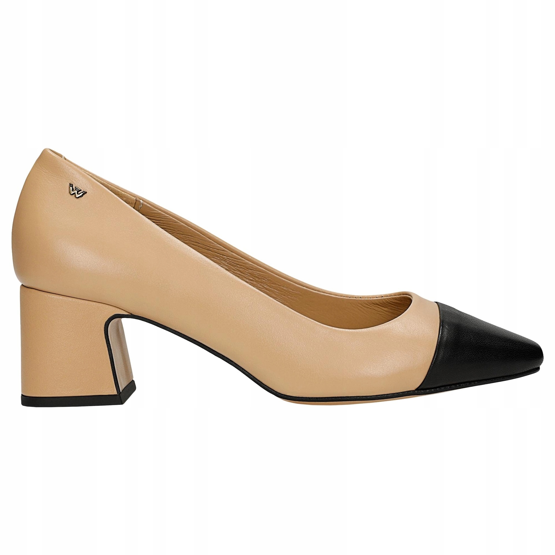 Béžové kožené lodičky s černou špičkou, velikost vel.