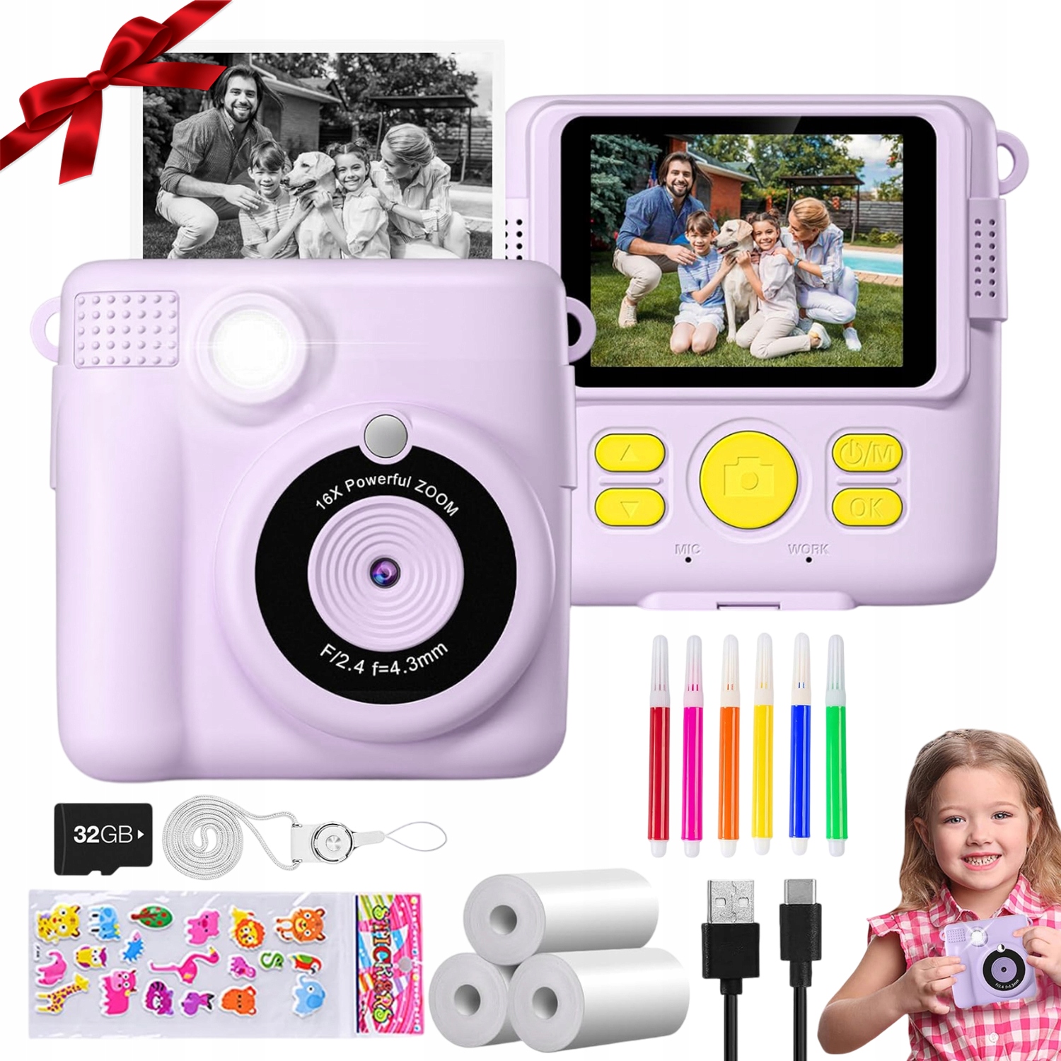 Instantní Fotoaparát Pro Děti Zoom 16X Paměť 32GB Tiskárna Dárek Ips
