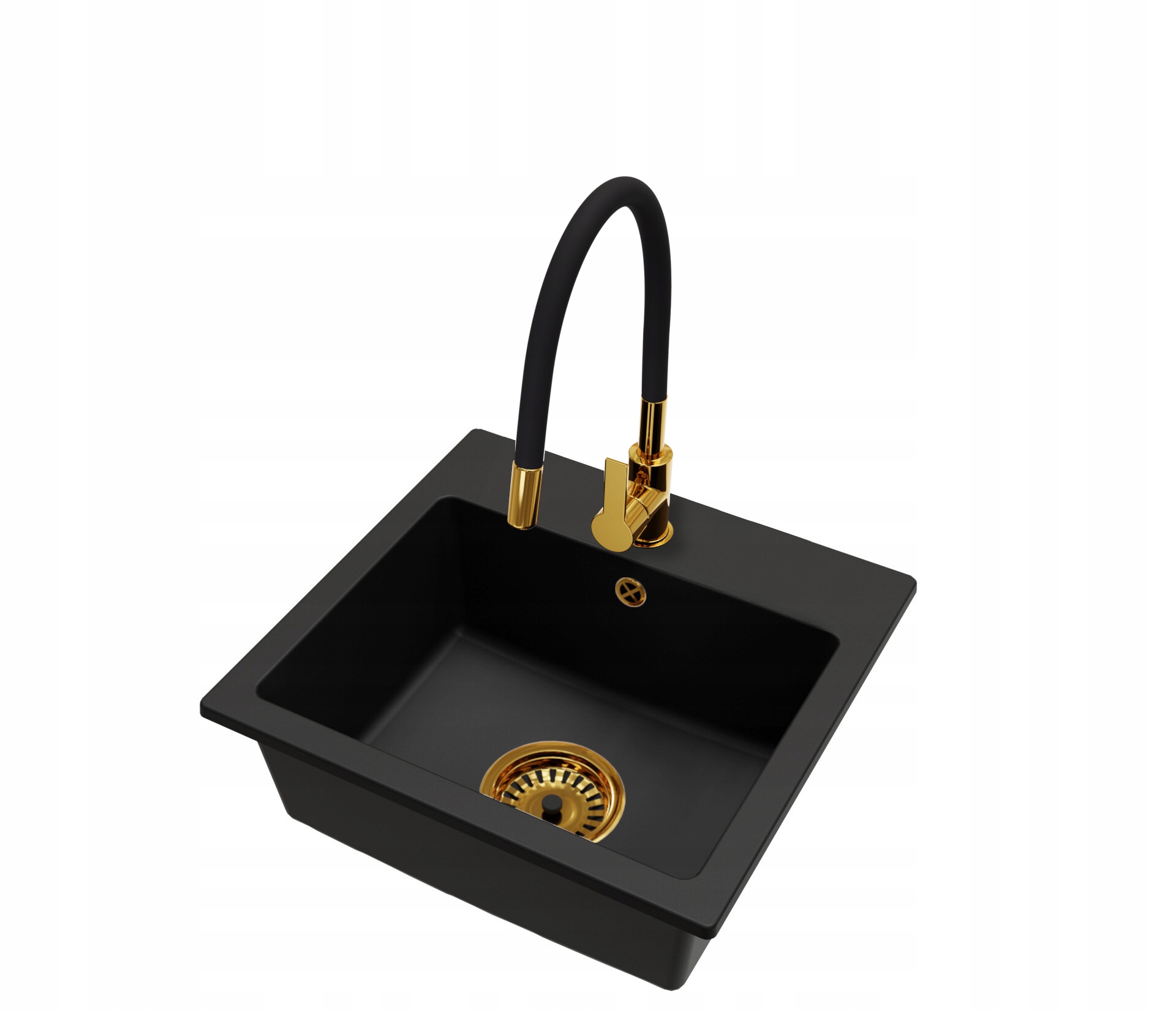 Kuchyňský dřez Granitový Černý Baterie Flex Zlatá Sifon Zlatá