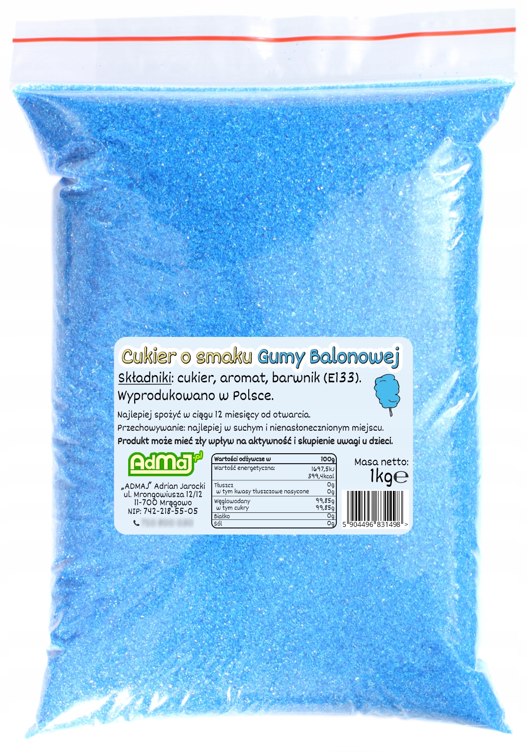Cukier Kolorowy i Smakowy 1kg Niebieski Guma Balonowa Marka AdMaJ