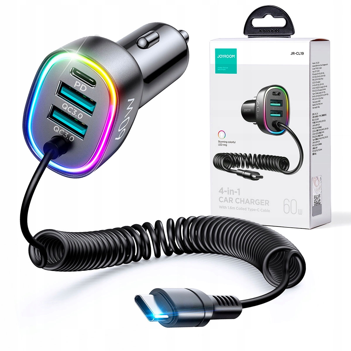 JOYROOM ŁADOWARKA SAMOCHODOWA 2x USB 1x USB C Z KABLEM USB C DO SAMOCHODU