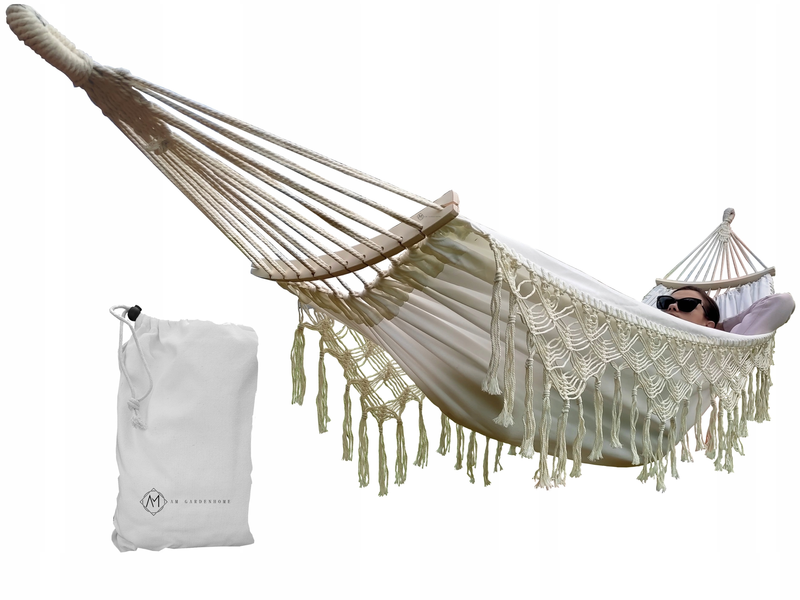 Hamak 2 Osobowy Boho Z Drążkami pleciony Makrama Leżak XL 280x150cm Bawełna