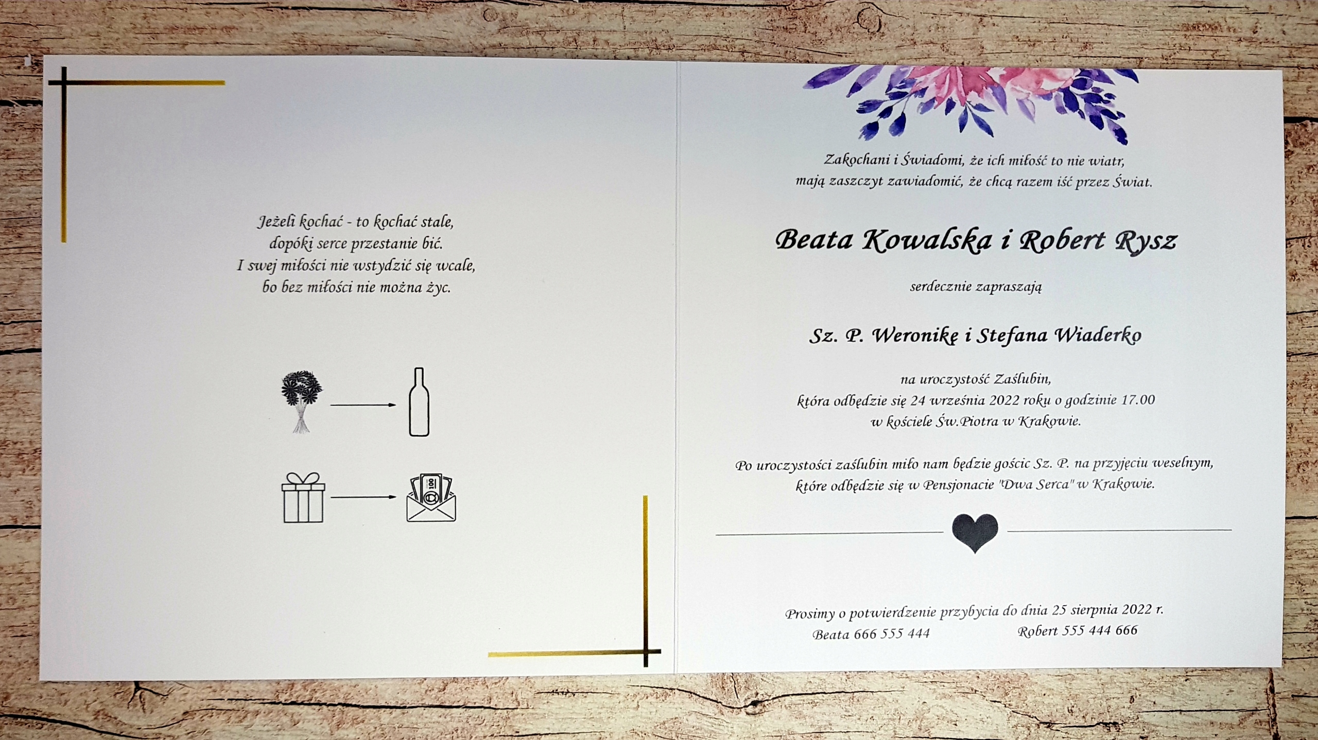 Zaproszenia Ślubne rustykalne kwiaty + koperta Wykończenie papieru matowe