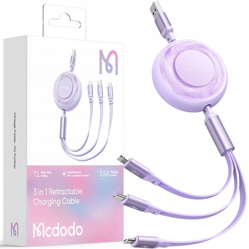 Kabel McDodo 3w1 Usb, Zwijany, Szybkie Ładowanie 66W, Fioletowy