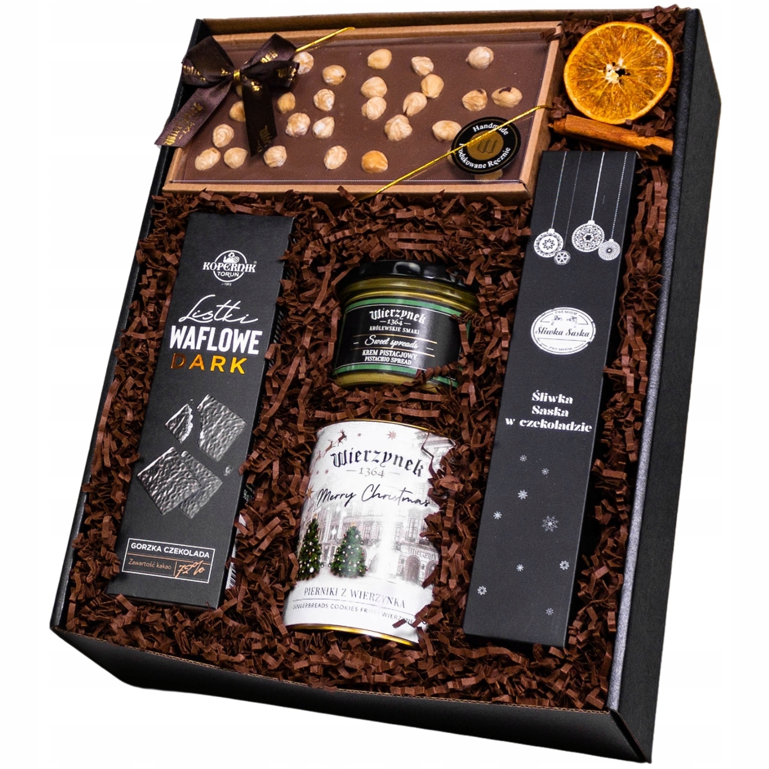 Levně Vánoční dárková krabička s uchem, čokoláda , perníky , pistáciový krém