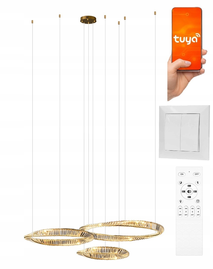LAMPA WISZĄCA ANTRESOLA KRYSZTAŁ RINGI 80 60 40CM 216W ZŁOTA PAMIĘĆ DL 513