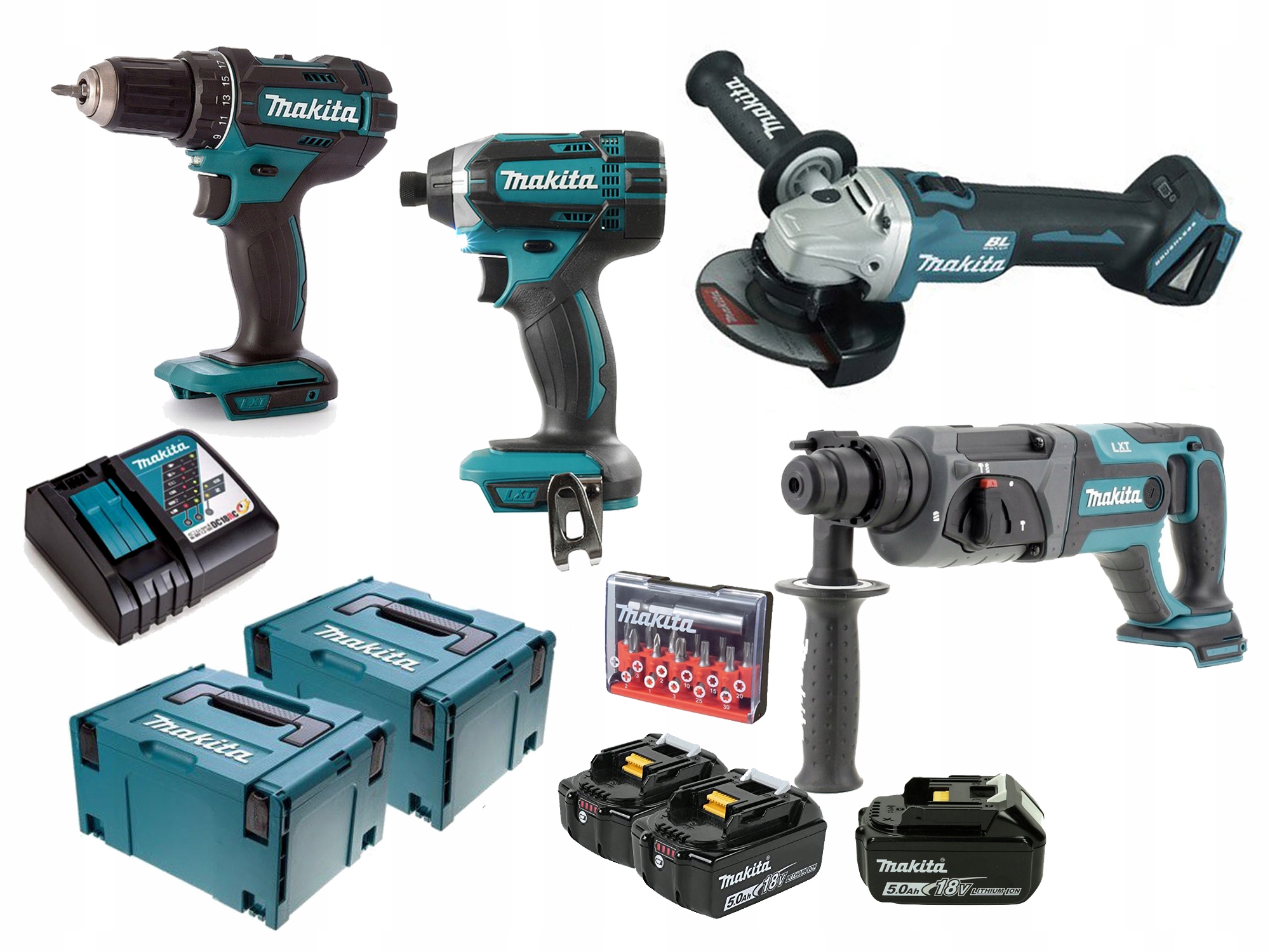 ZESTAW 18V SZLIFIER+MŁOT+WKRĘTARKA+ZAKRĘT 3x5Ah