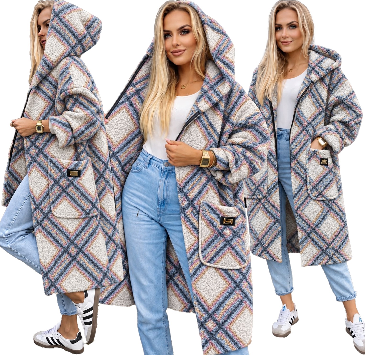 Dlouhý měkoučký Dámský Kabát na zip s kapucí boucle Gerda