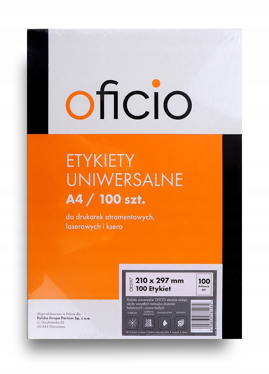 

Etykiety Uniwersalne 210x297mm OFICIO100ark
