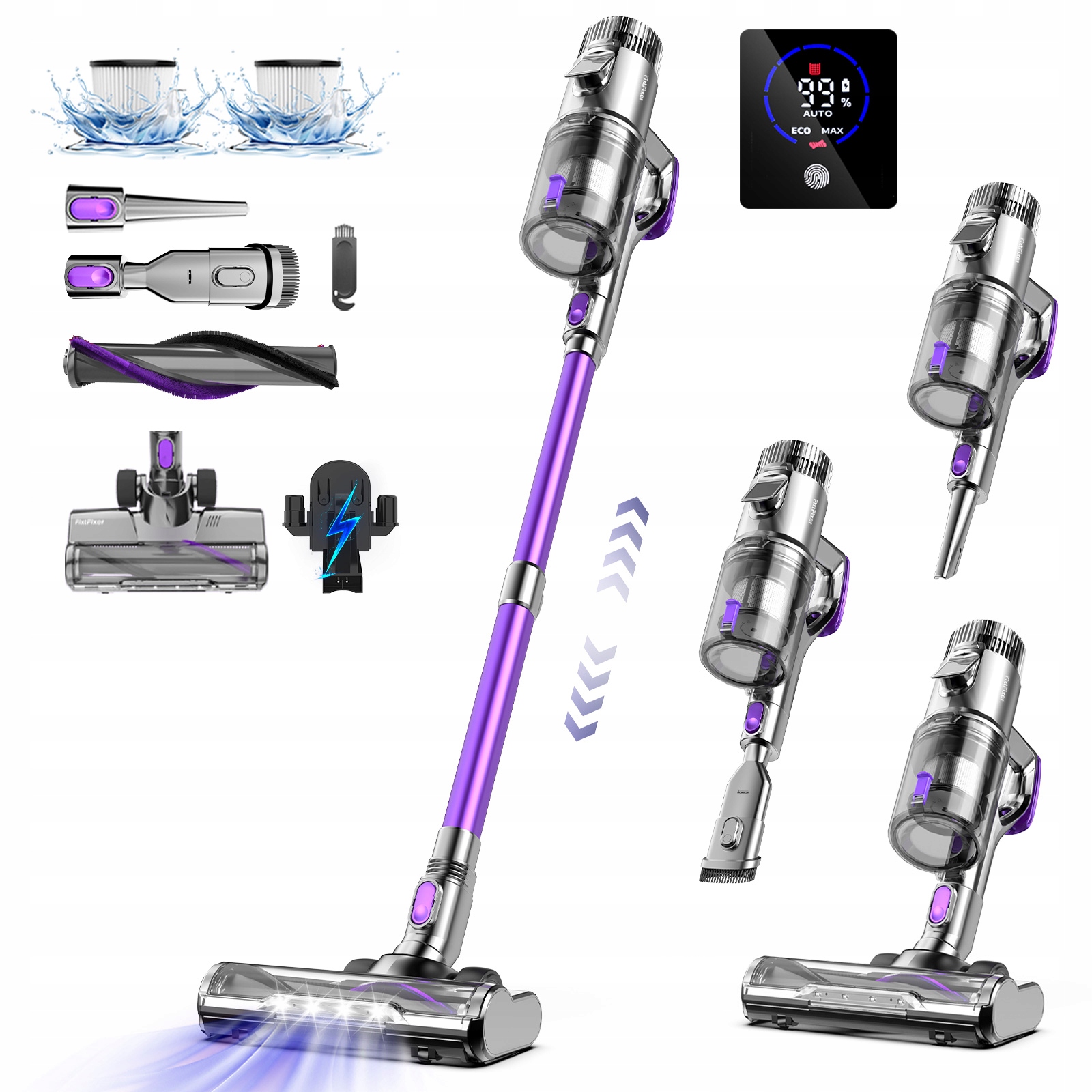 Výkonný tyčový vysavač V10, 70000Pa, 500W, 60 minut provozu, 3x Hepa filtr, fialový