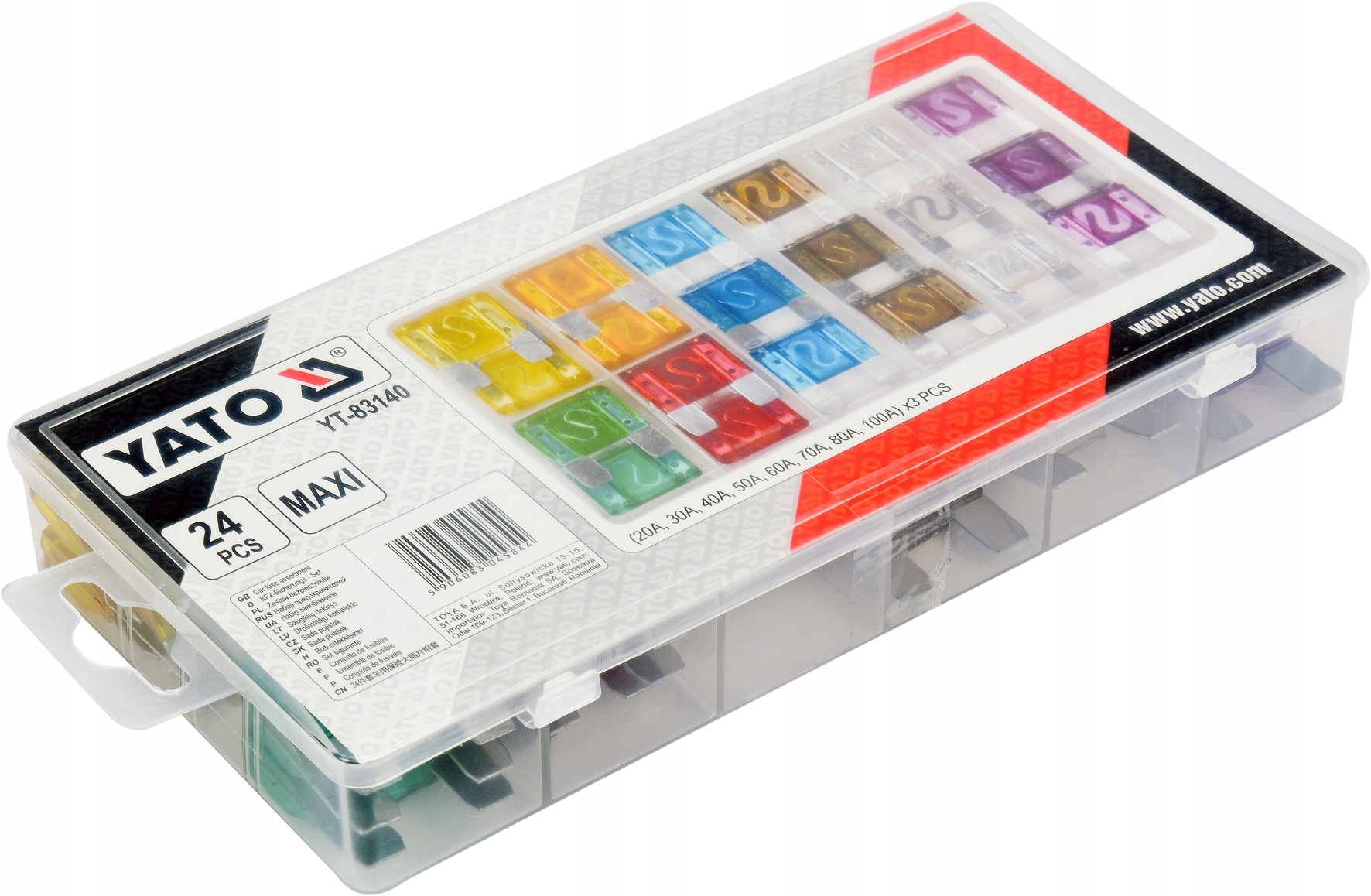 YATO BEZPIECZNIKI SAMOCHODOWE ZESTAW BEZPIECZNIKÓW MAXI 24 sztuki 20A-100A Marka Yato