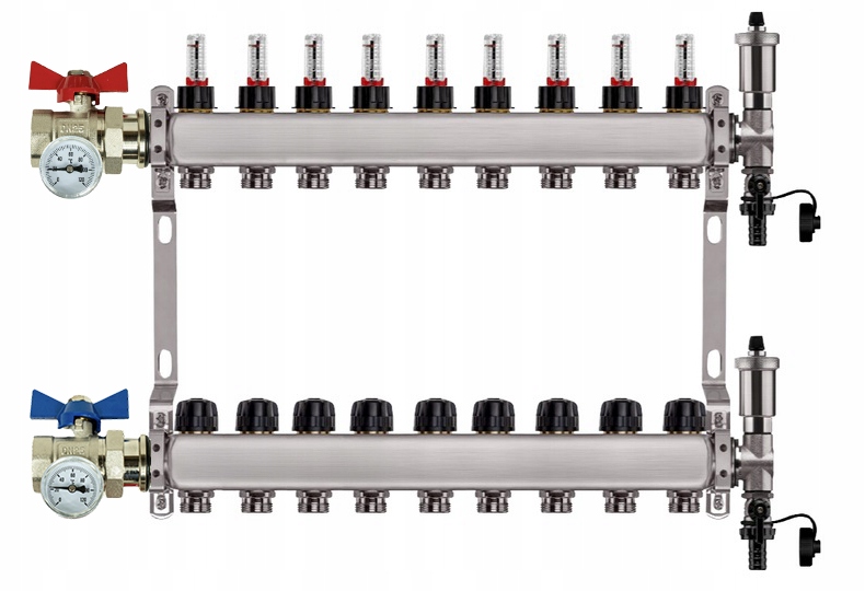 Rozdělovač Pro Podlahovku 9 Nerezových Okruhů Jednoduchý Ventil Teploměr