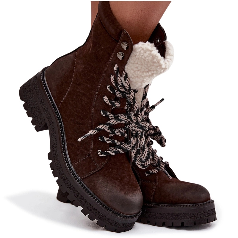 Kotníkové Boty Trapery Eko Kožené Šněrovací Na Zip, Čokoládové, Velikost 36