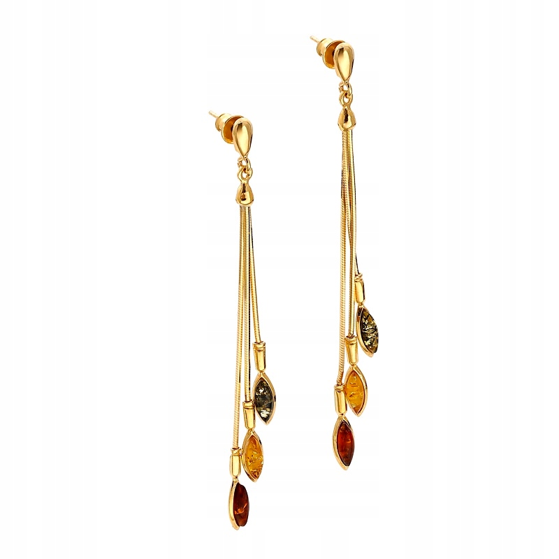 Zlaté Dlouhé Náušnice S Barevnými Jantary, Stříbro Pozlacené