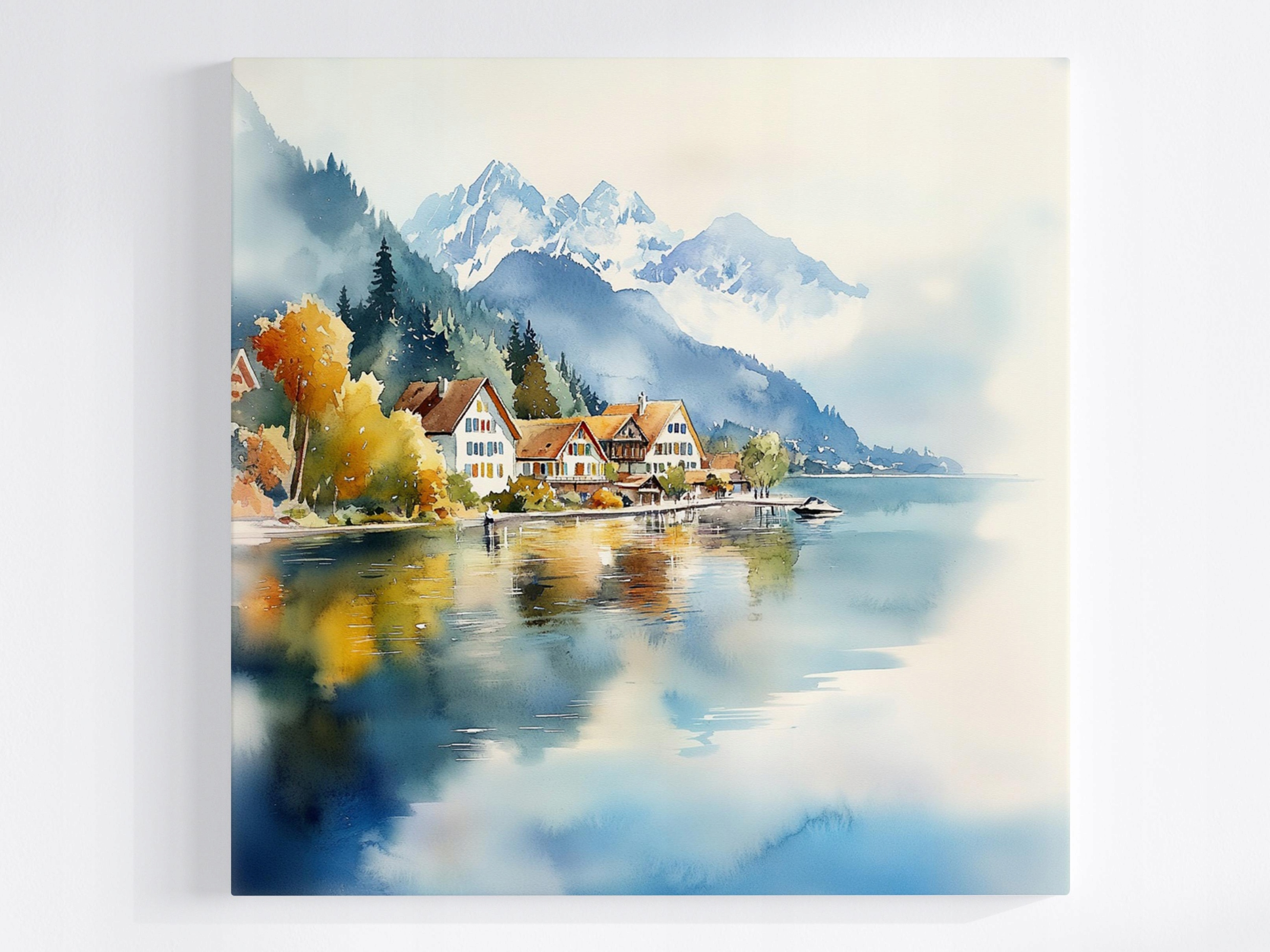 Obraz Na Plátně Canvas Krajina Podzim Hory Alpy Jezero Domky 50x50
