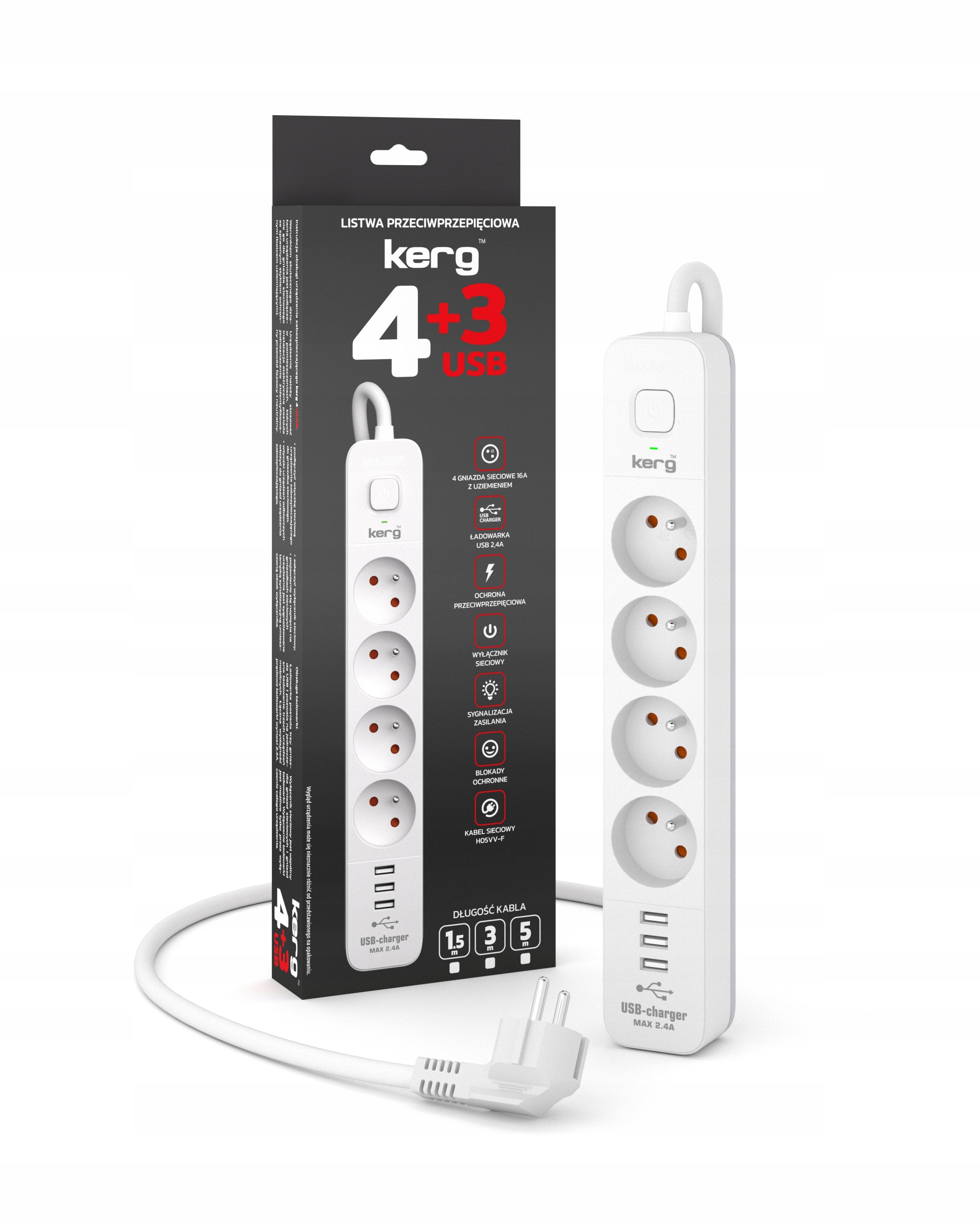 PRZEDŁUŻACZ LISTWA ZASILAJĄCA WŁĄCZNIK 4 GNIAZDA 3xUSB 3m
