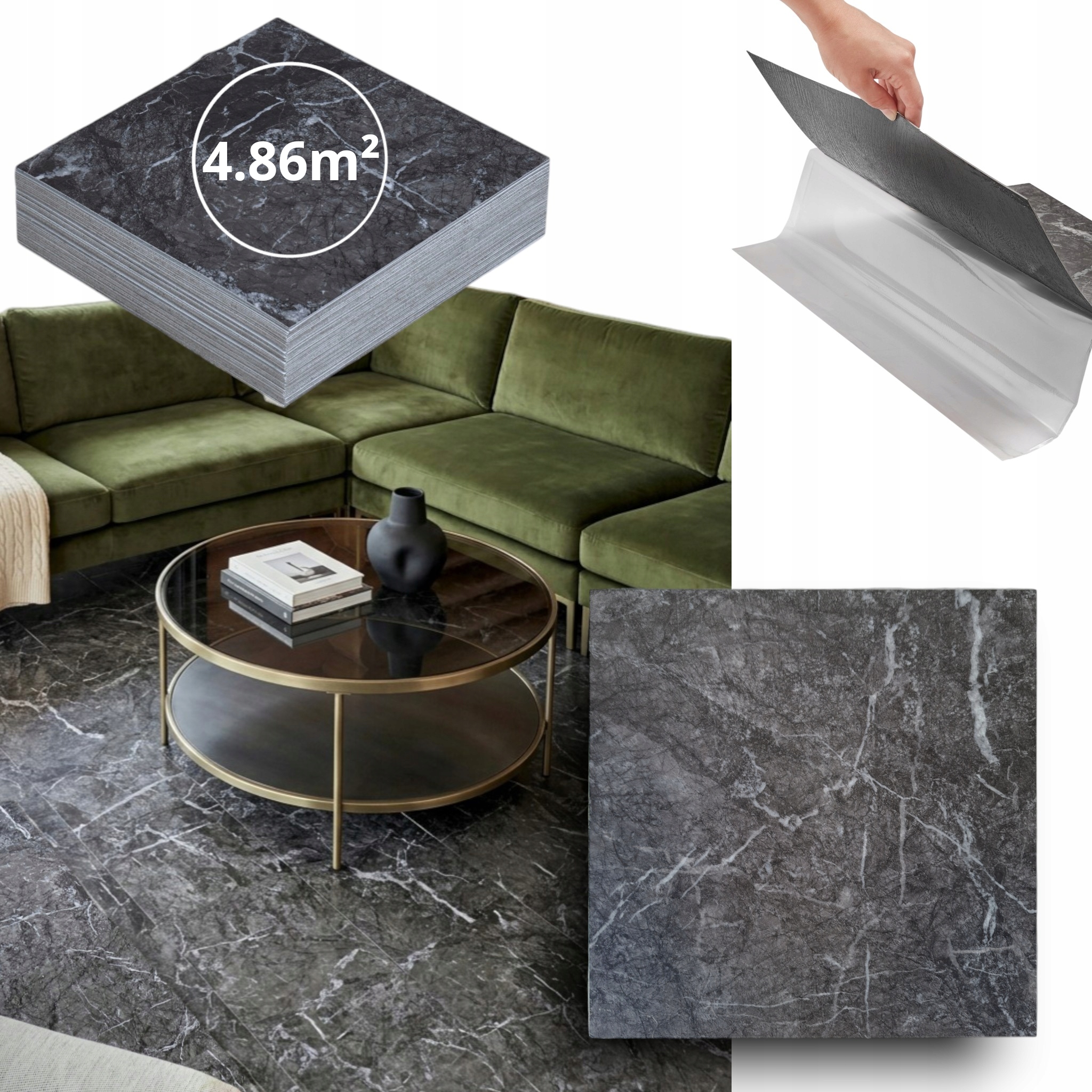 Samolepící Vinylové Dlaždice Černý Mramor 4.86 m² Voděodolné Dlaždice