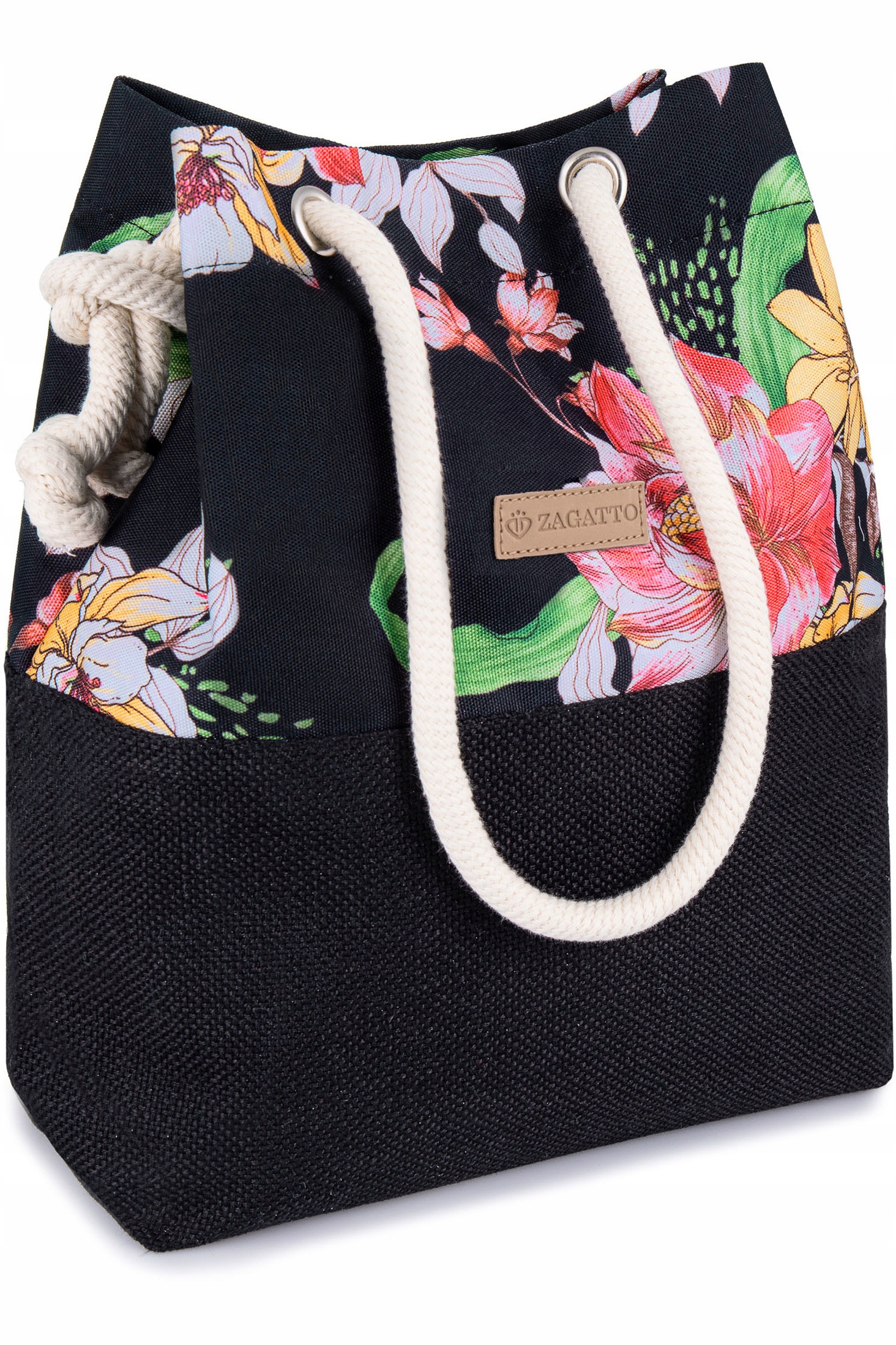 Dámska kabelka shopper čierna taška cez rameno priestranná s kvetmi ZAGATTO