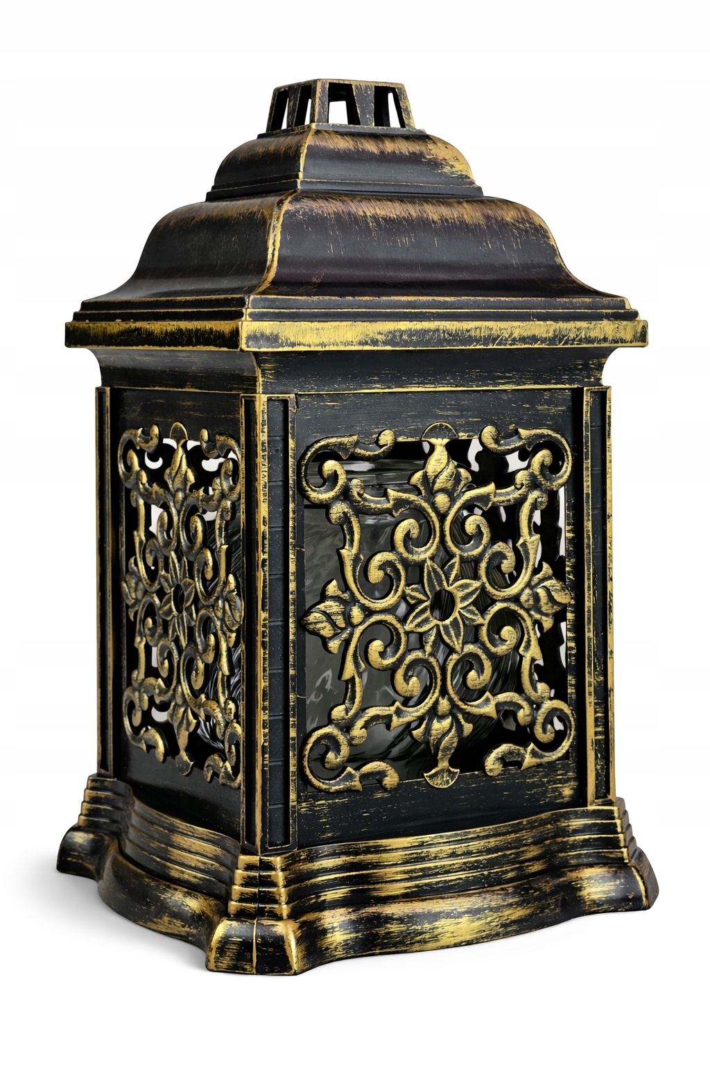 Znicz szklany ozdobny premium czarno-złoty, tradycyjny ORNAMENT wys. 26 cm