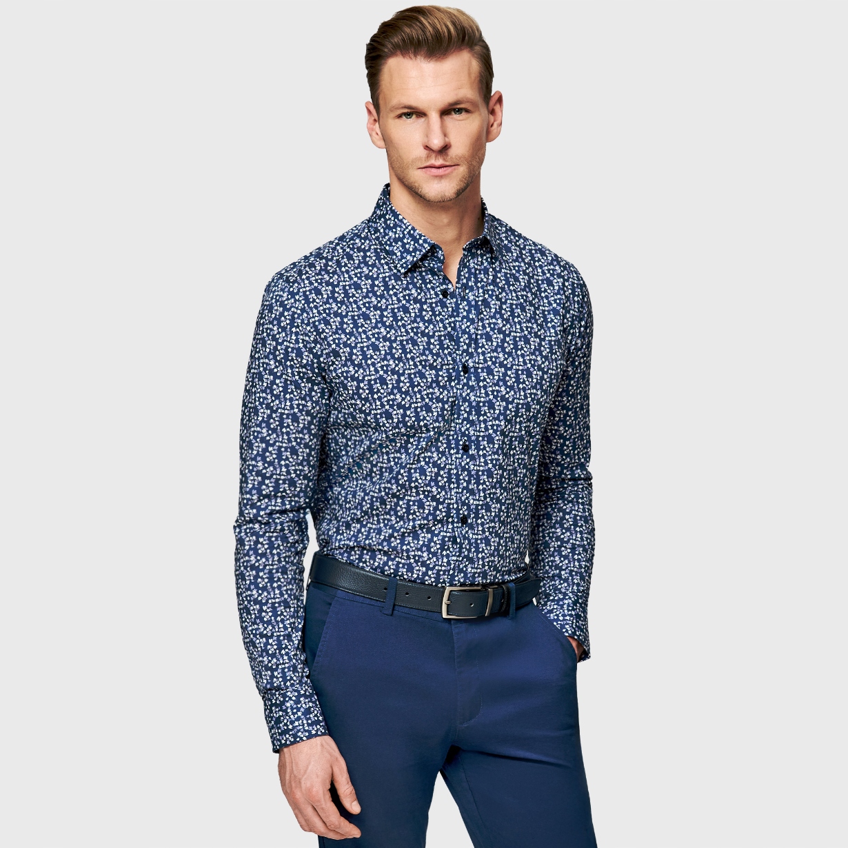 Pánská košile Slim Fit tmavě modrá s květinami Dlouhý rukáv Pako Lorente vel XXL