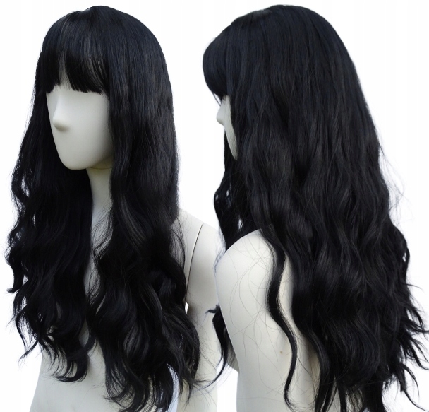 Paruka husté černé kadeře vlny Černá ofina