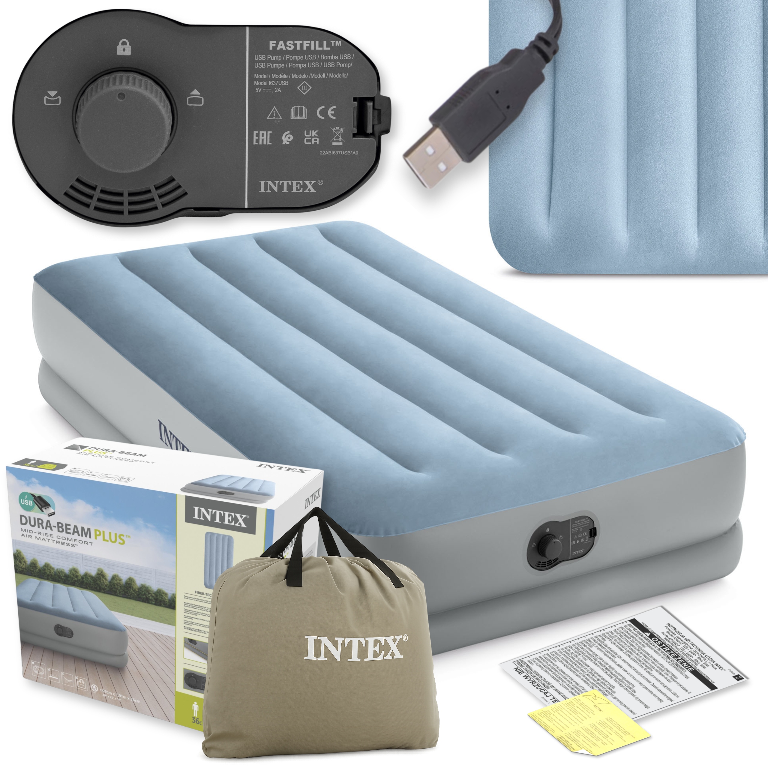 Materac Dmuchany Łóżko do Spania z Pompką Usb Intex Welurowy Model 2025