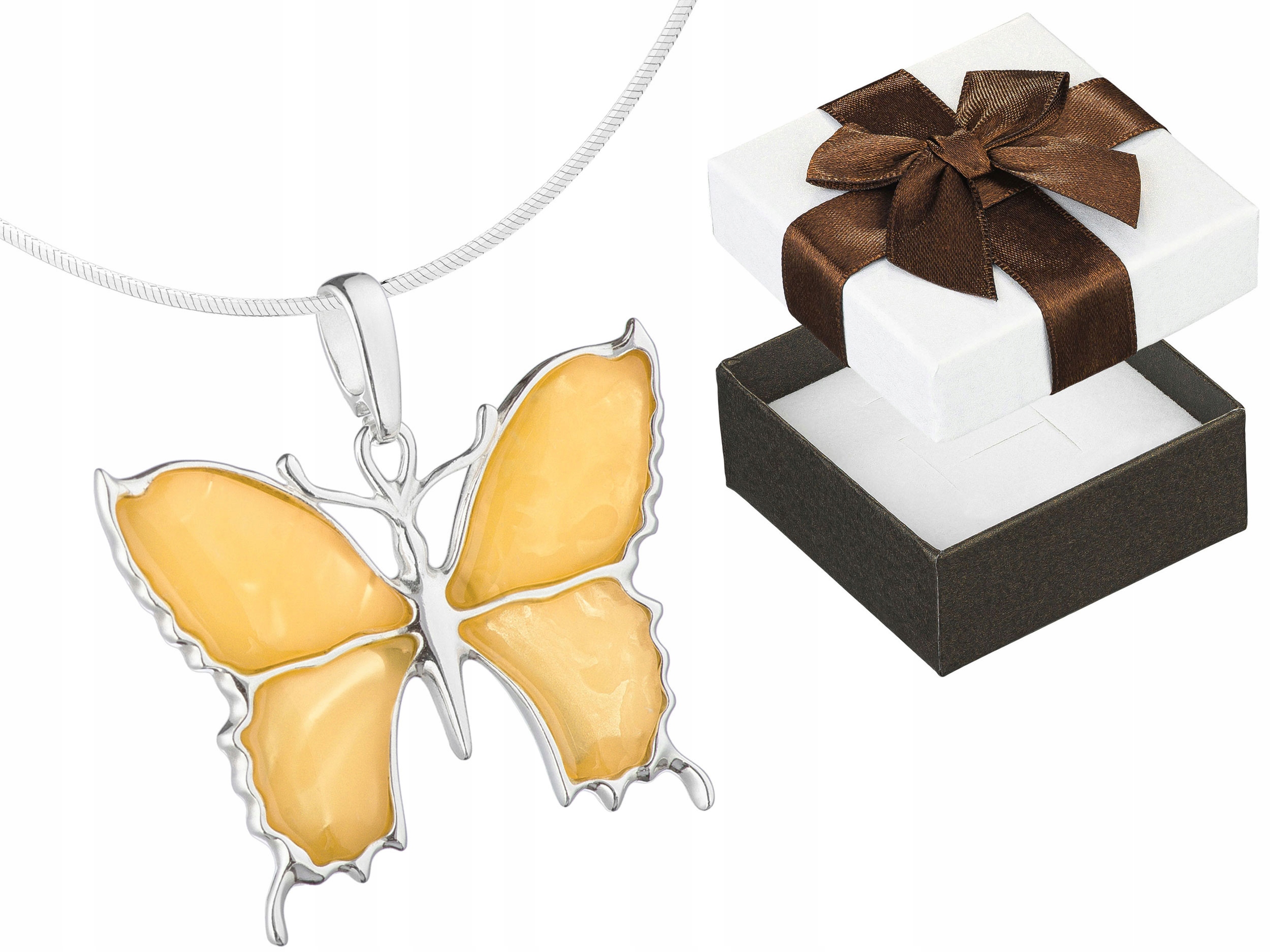 Velký Stříbrný Náhrdelník Motýl s Mléčným Jantarem Stříbro Krátký Choker 40