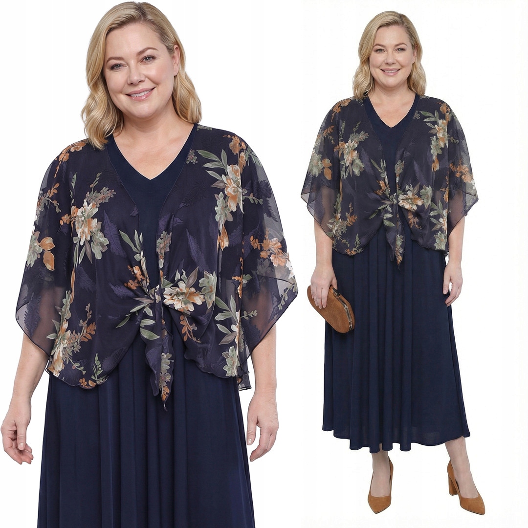 Modrá šaty s květinovým šátkem plus size, velikost 60