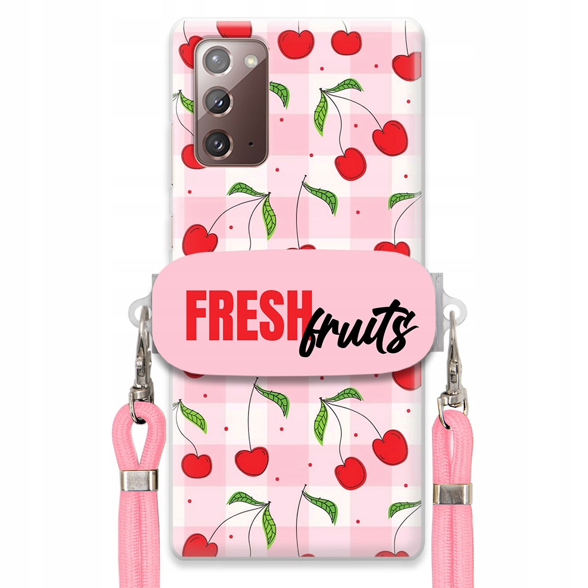Puzdro pre Samsung Note 20 Case držiak na šnúrku Ružový Fresh Fruits Mriežka
