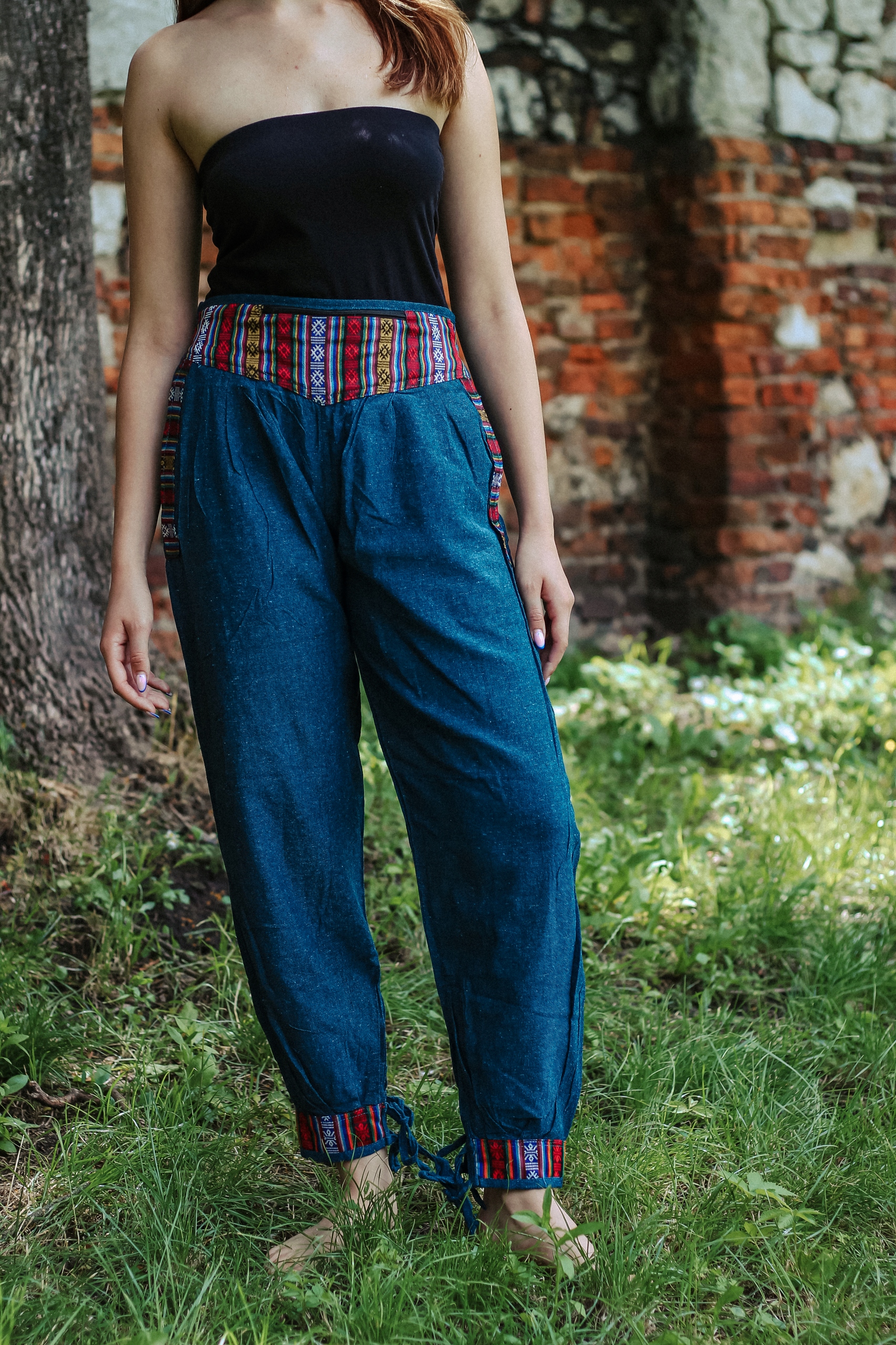 Volné Etno Kalhoty na léto z Nepálu se zavazováním, tyrkysová bavlna, vzdušné