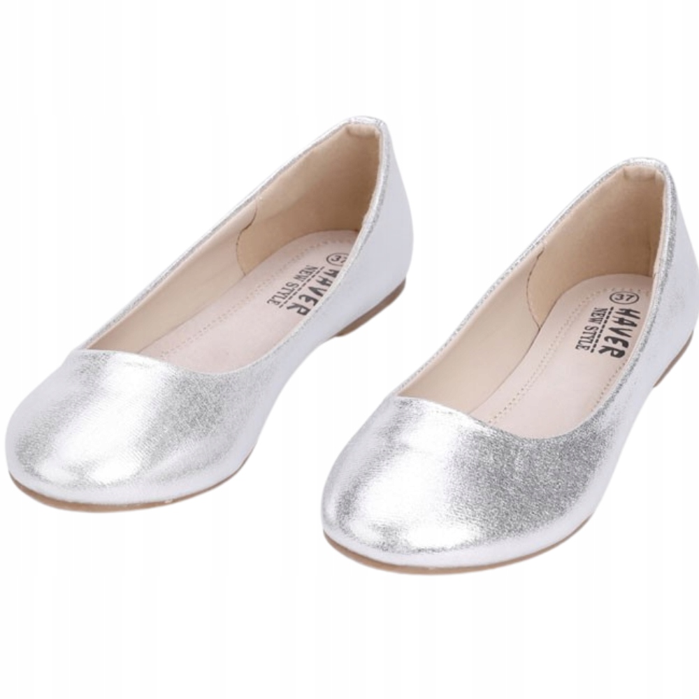Srebrne Balerinki Damskie Wsuwane Półbuty Płaskie Wkładka Ekoskóra