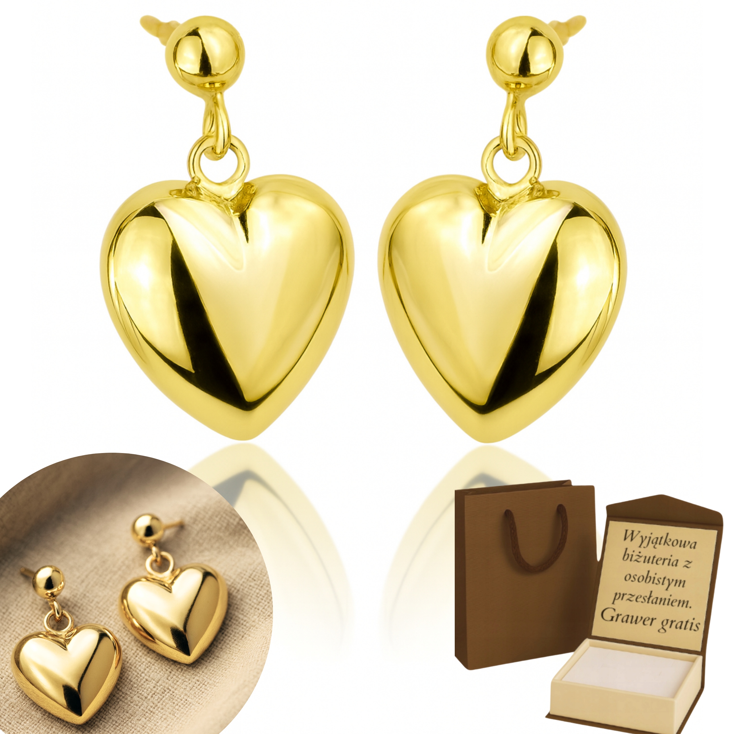 Zlaté Náušnice Dámské Srdce Závěsné Pr 585/ 925 Stříbro Pozlacené Gravírování