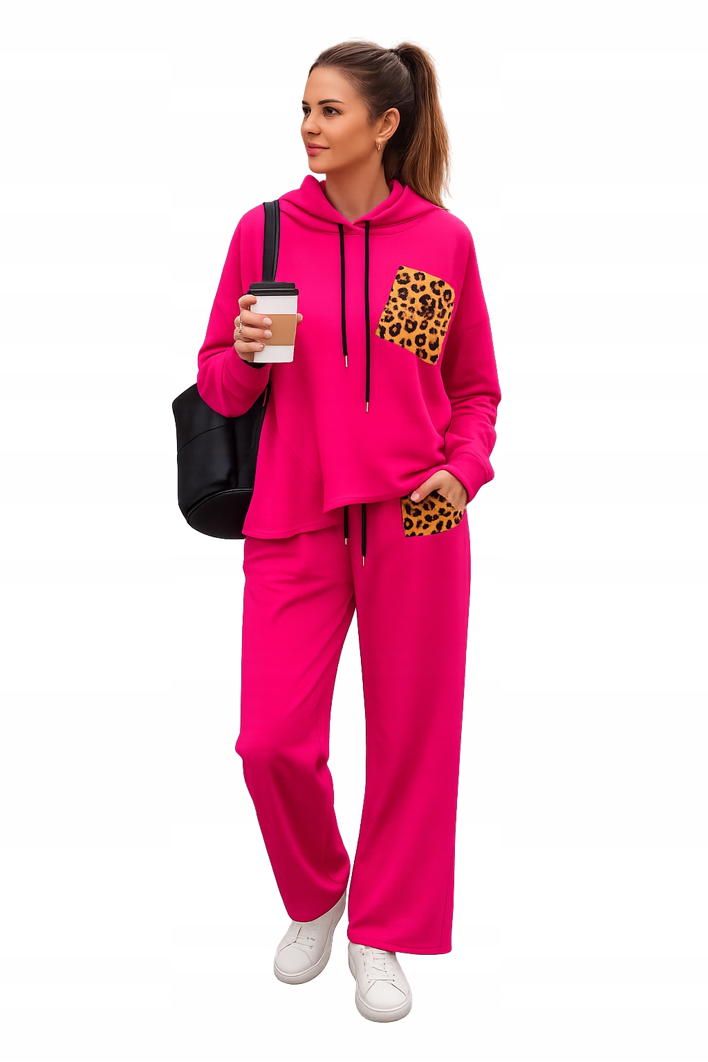 0013 Komplet dresowy z panterką bawełna bluza spodnie oversize Różowy