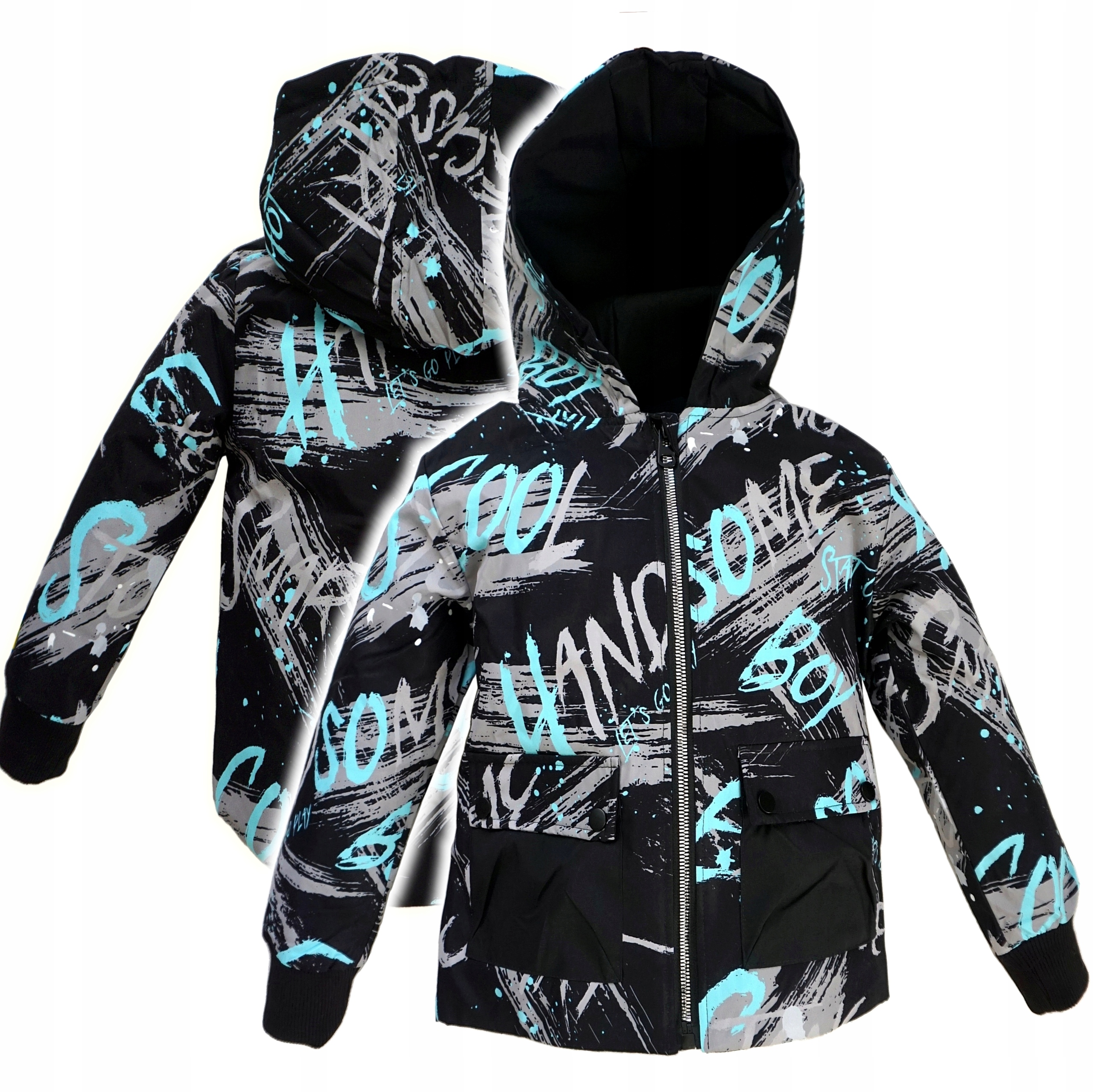 COOL CHŁOPIĘCA Wiosenna Przejściowa Jesienna Kurtka NAPISY Kaptur 134/140