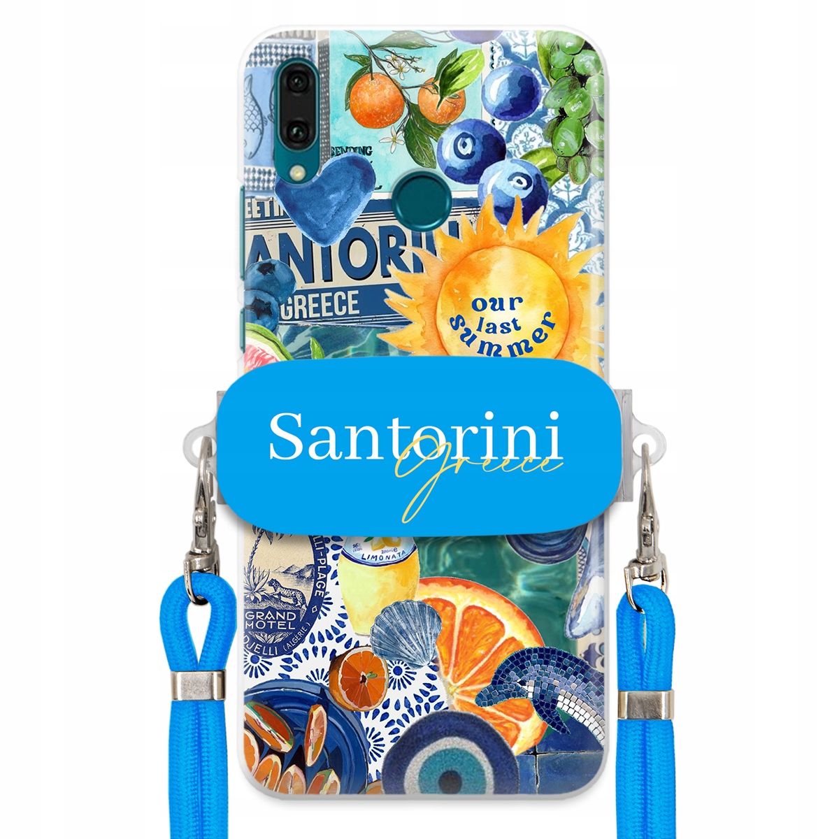 Puzdro pre Huawei Y9 2019 Modré Crossbody vodítko držiak Santorini Greece
