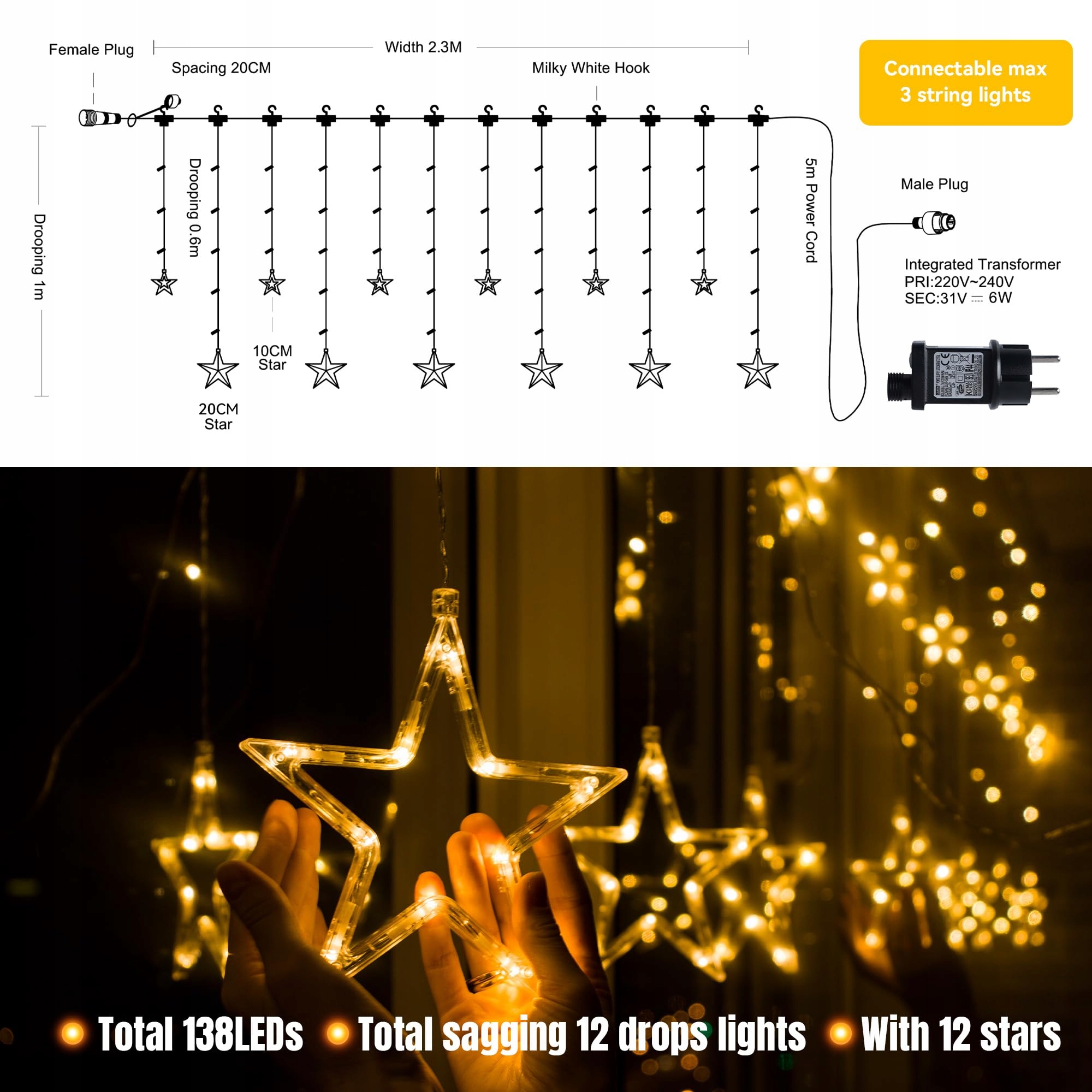 BELLAACHTUNG Kurtyna Świetlna 2.3M 138 LED Gwiazdy Świąteczne — miniatura 6