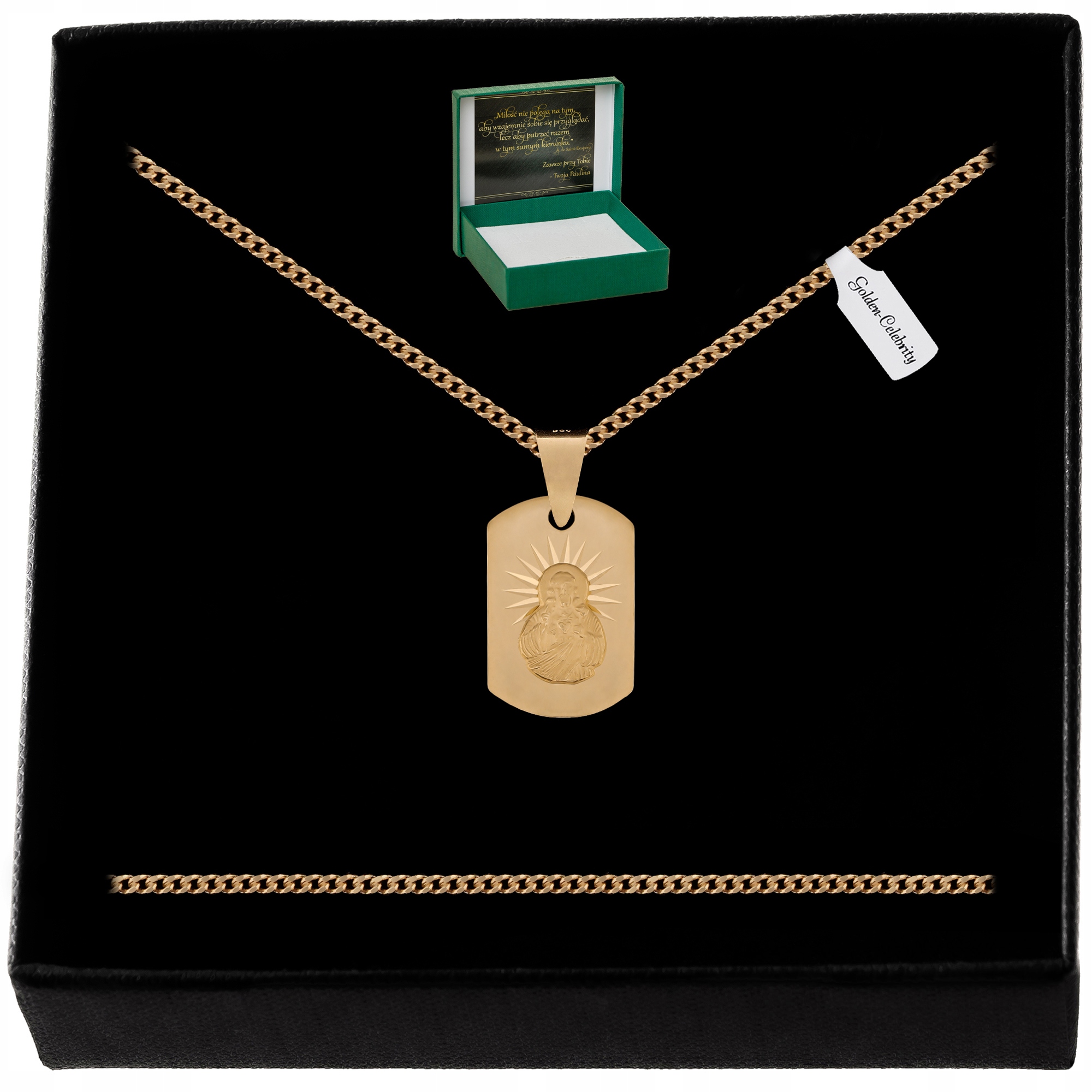 PIĘKNY ZŁOTY NASZYJNIK 585/925+ MEDALIK SZKAPLERZ PREZENT NA KOMUNIĘ GRAWER Stan opakowania oryginalne