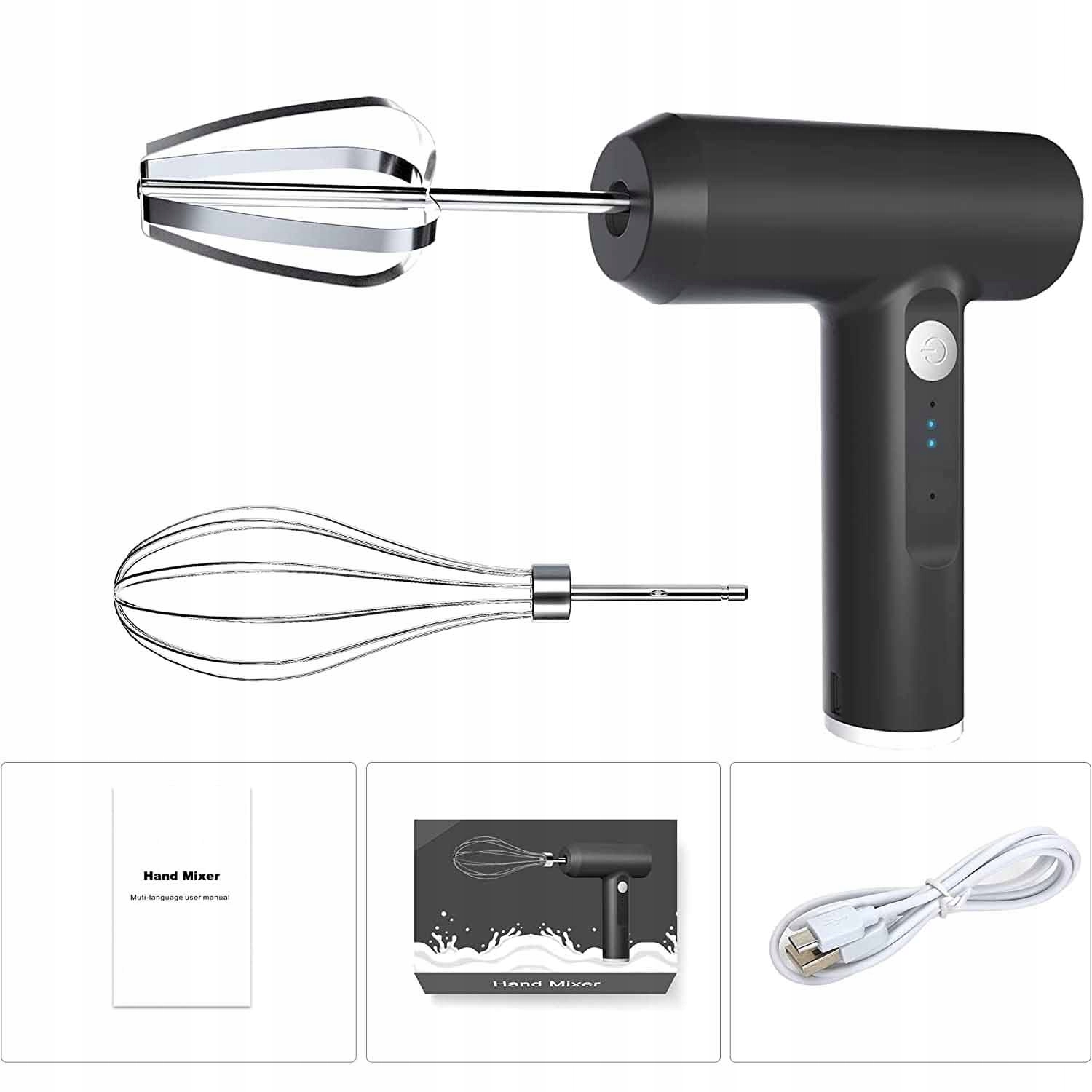 MIKSER RĘCZNY ELEKTRYCZNY BEZPRZEWODOWY PRZENOŚNY 3 POZIOMY PRĘDKOŚCI USB Załączone wyposażenie końcówka blendująca