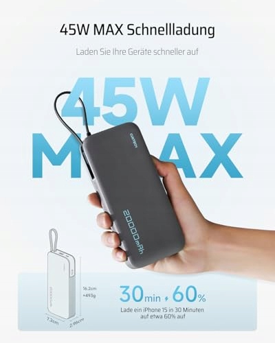 CUKTECH Power Bank 20000mAh 45W USB-C Szybkie Ładowanie Wyświetlacz — miniatura 3
