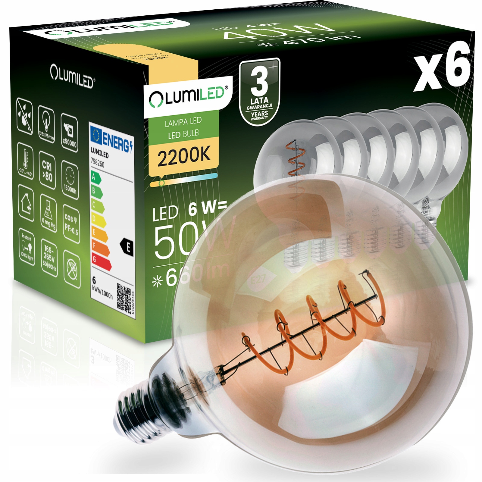 6x Led Žárovka E27 G125 Filament 6W 50W 660LM 2200K 360° Ozdobná Lumiled